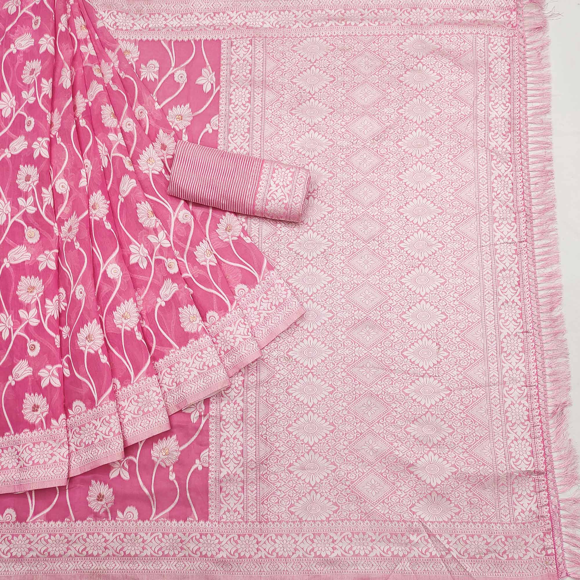 Pink Floral Woven Jacquard Saree