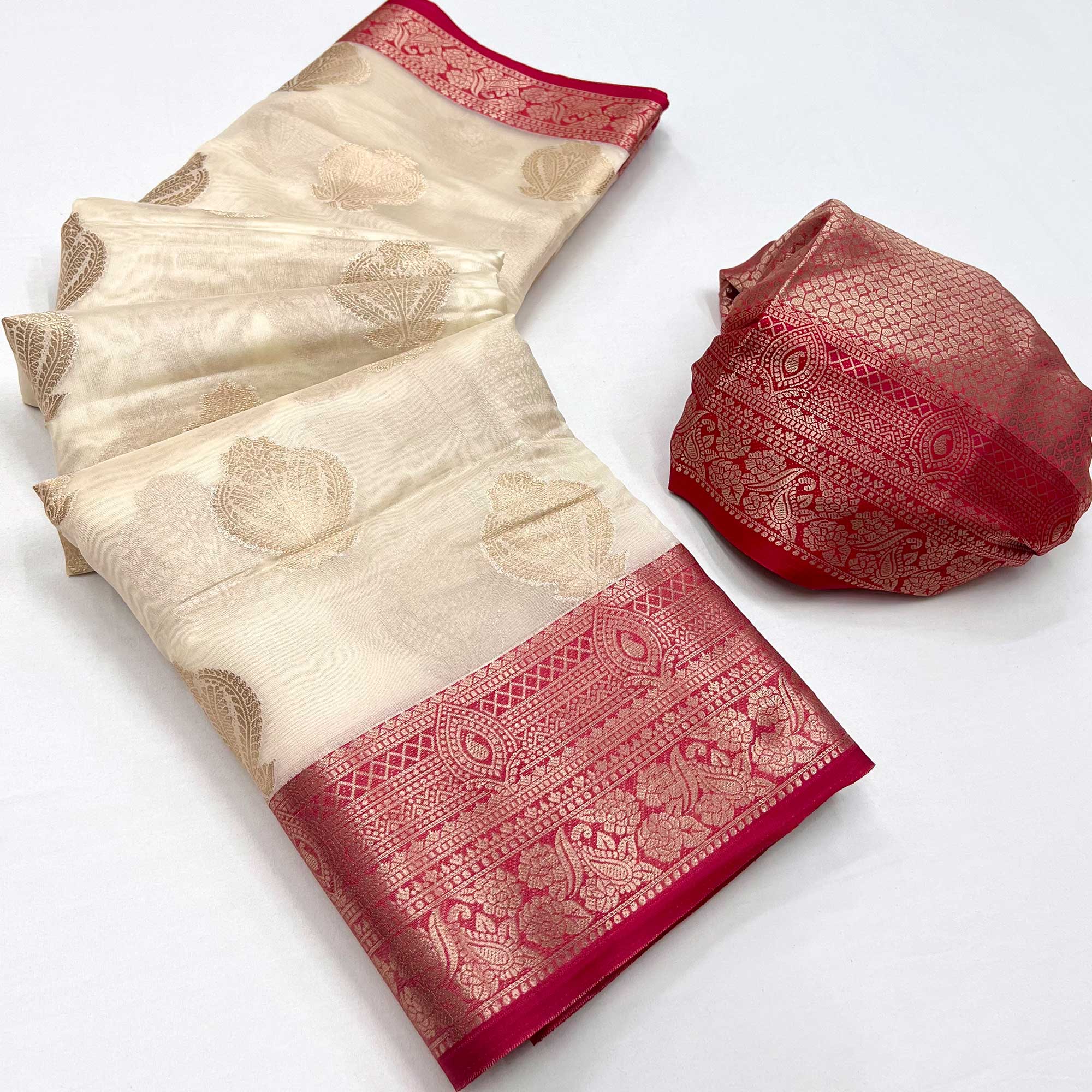 Off White Floral Woven Organza Saree