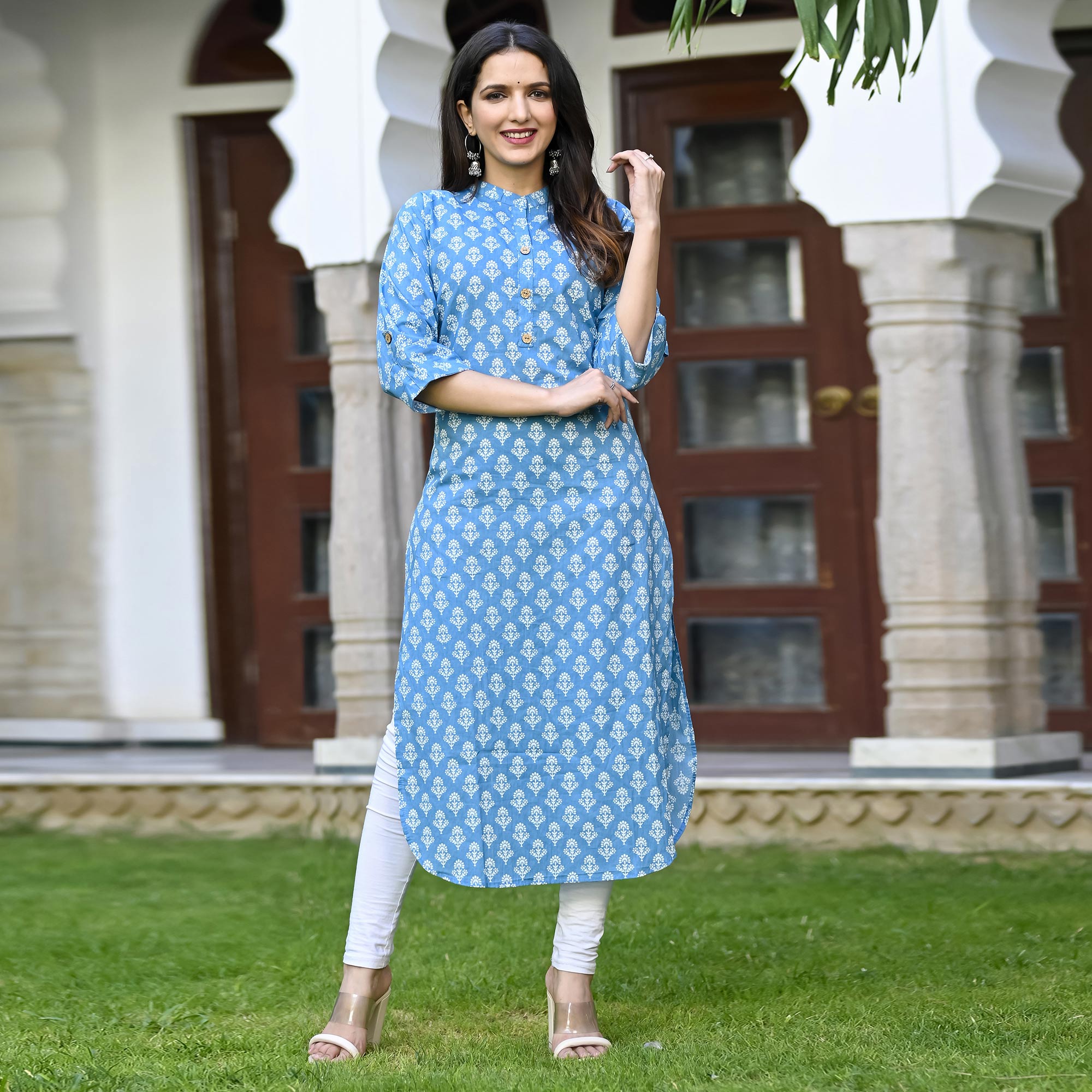 Blue Floral Printed Pure Cotton Kurti