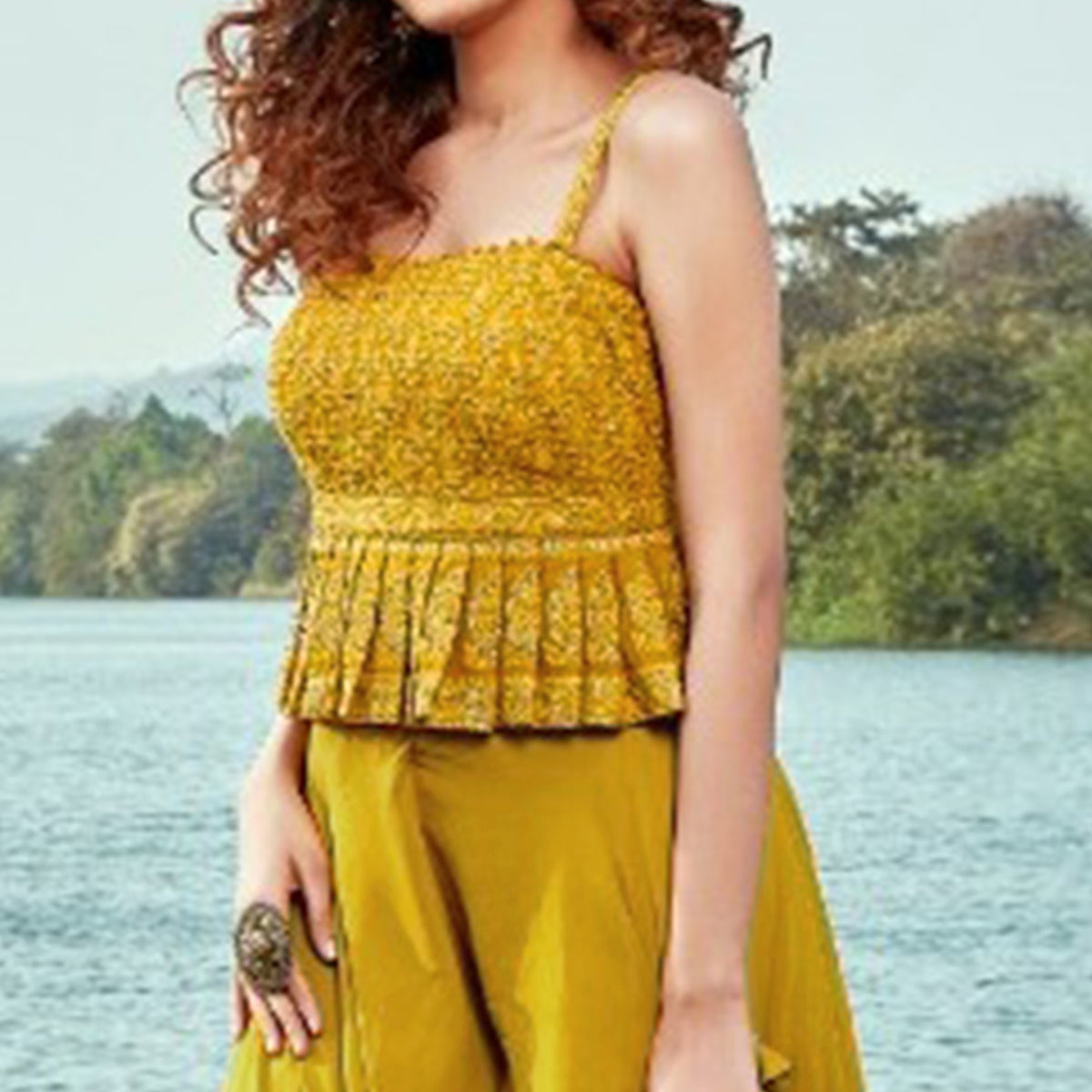 Yellow Embroidered Georgette Palazzo Suit