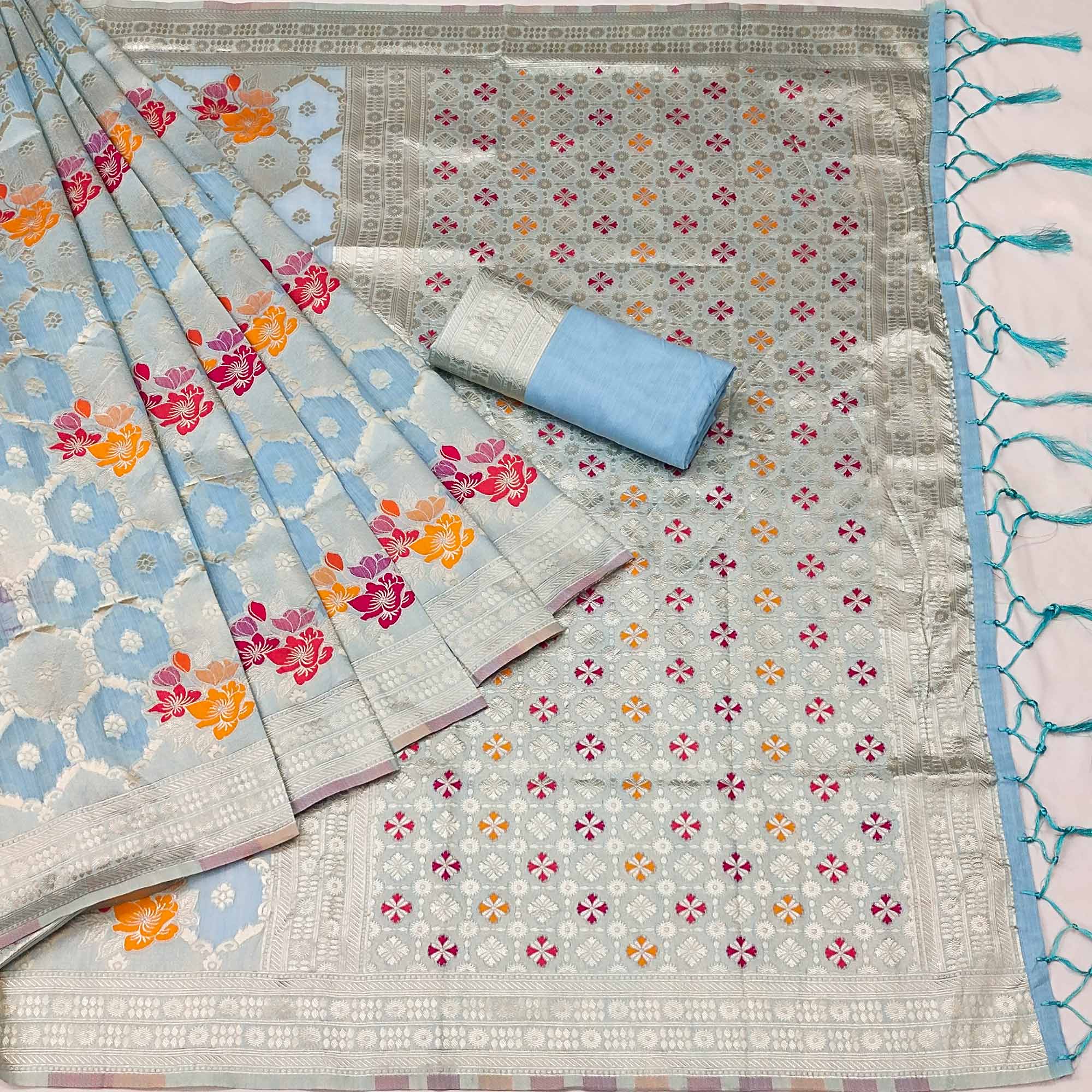 Blue Woven Jacquard Saree With Tassels