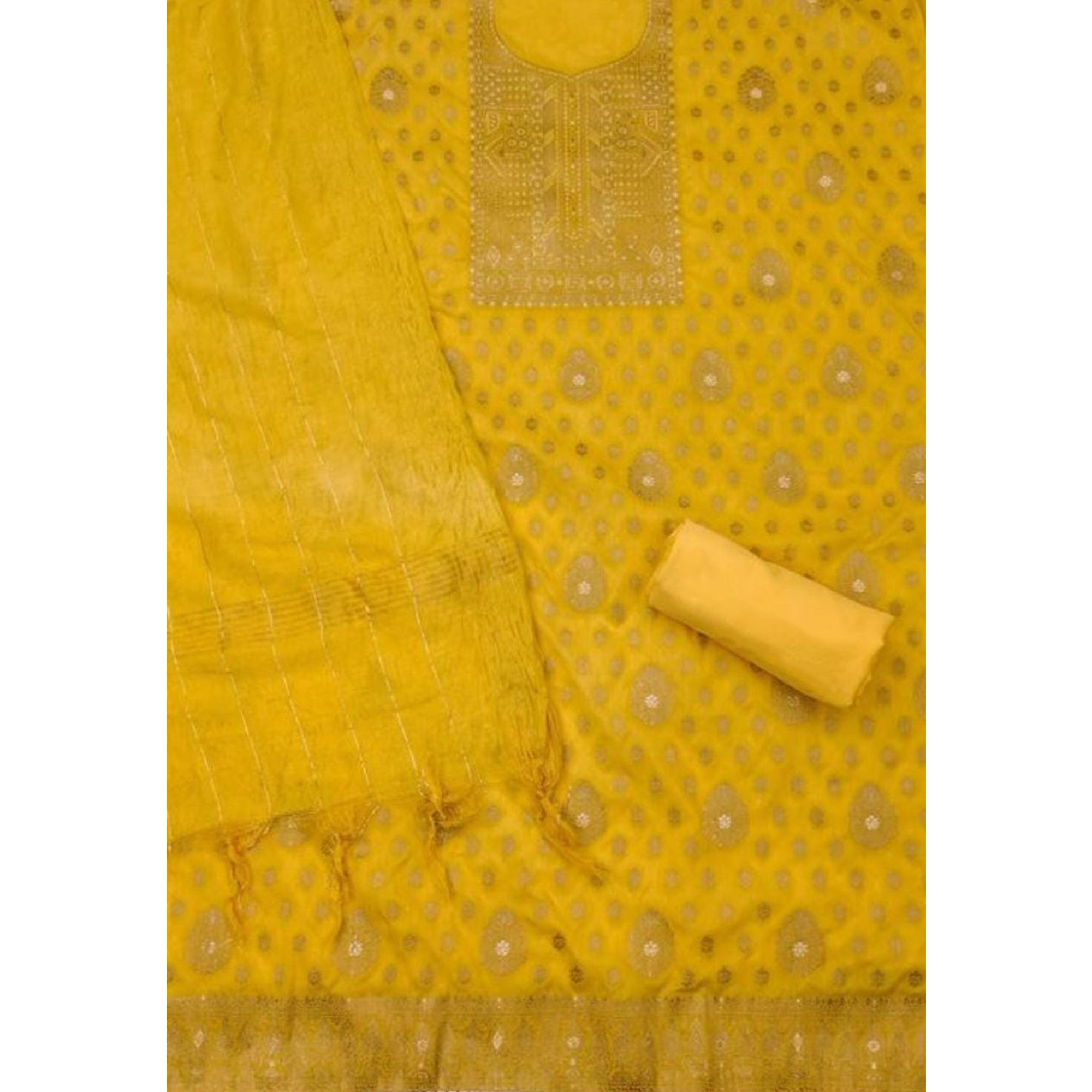 Yellow Woven Banarasi Silk Dress Material