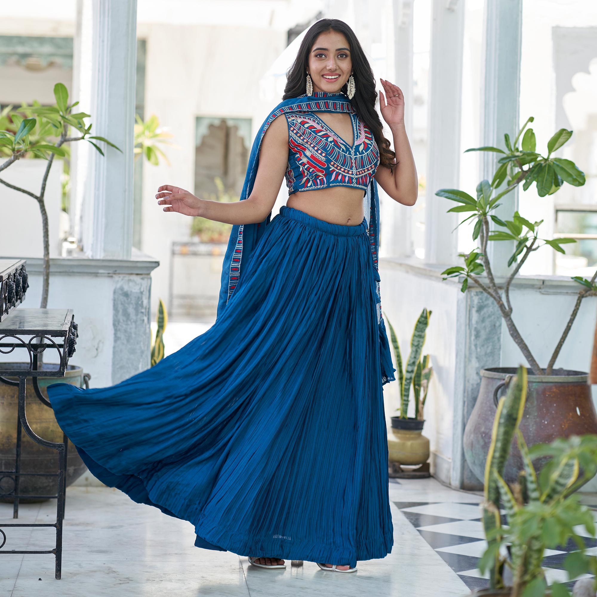 Blue Sequins Embroidered Chiffon Plated Lehenga Choli