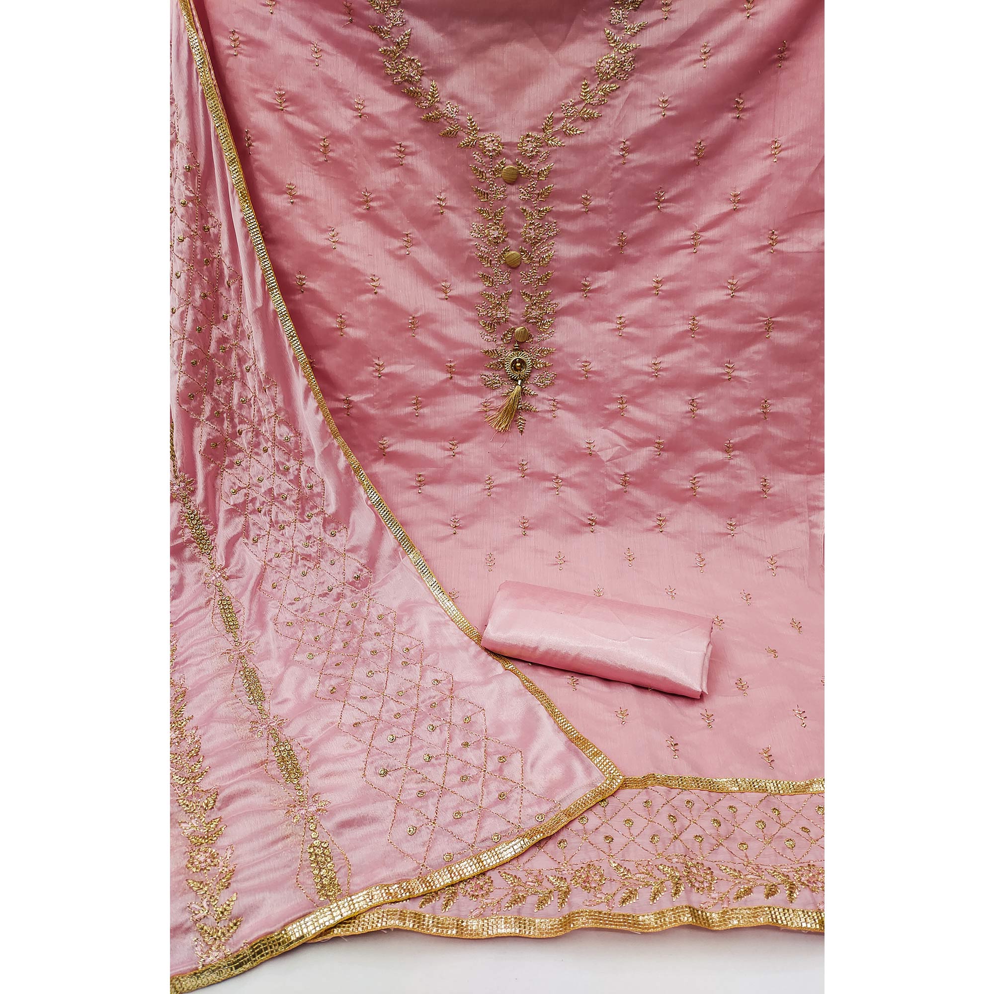 Pink Embroidered Chanderi Dress Material