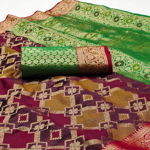 Multicolor Green Woven Cotton Silk Saree