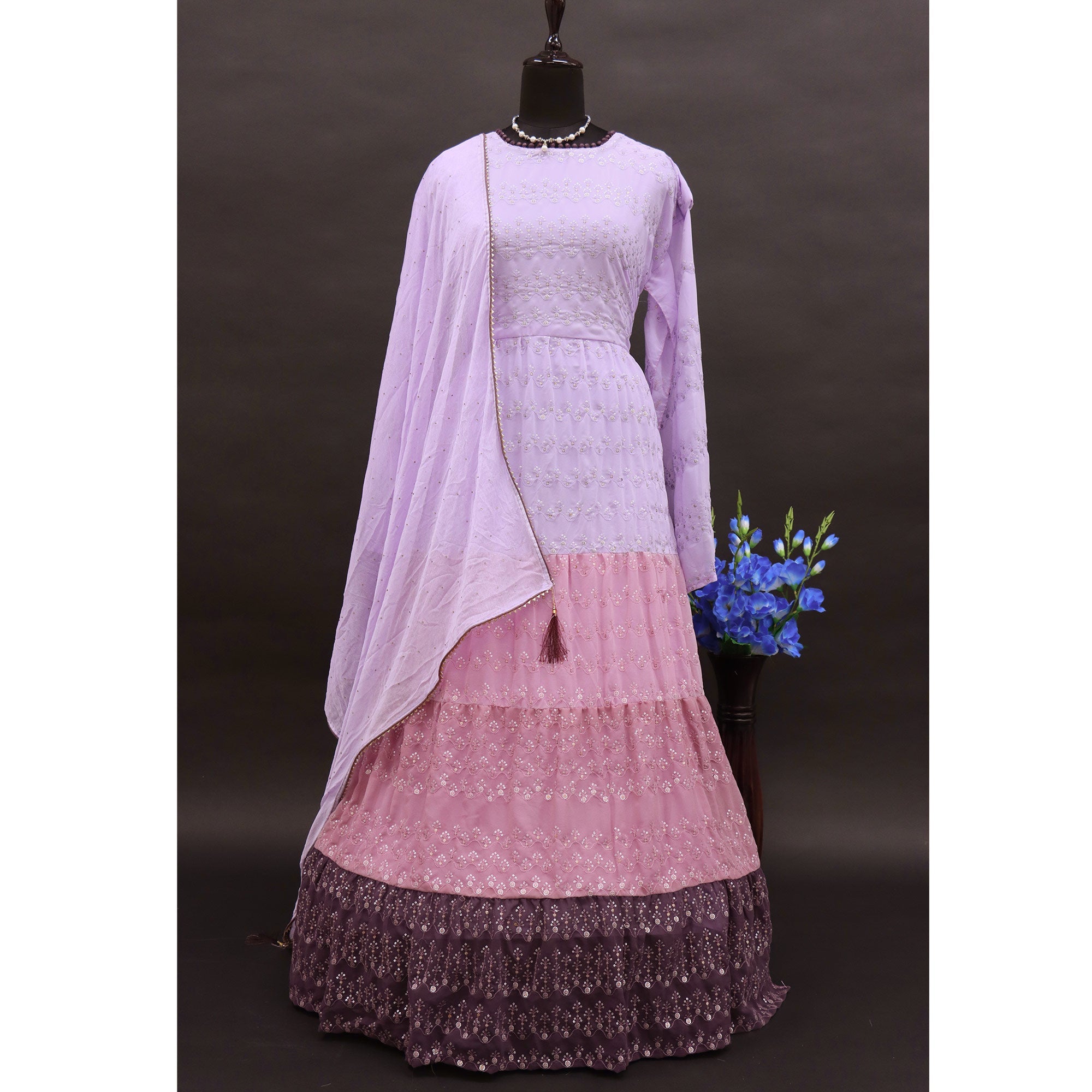 Violet Sequins Embroidered Georgette Naira Cut Suit - Image 1