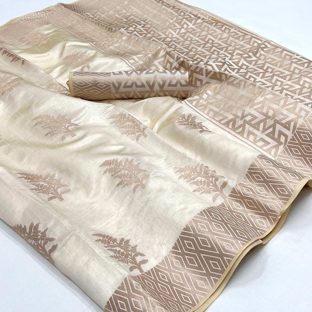 Cream Woven Raw Silk Saree - Image 1