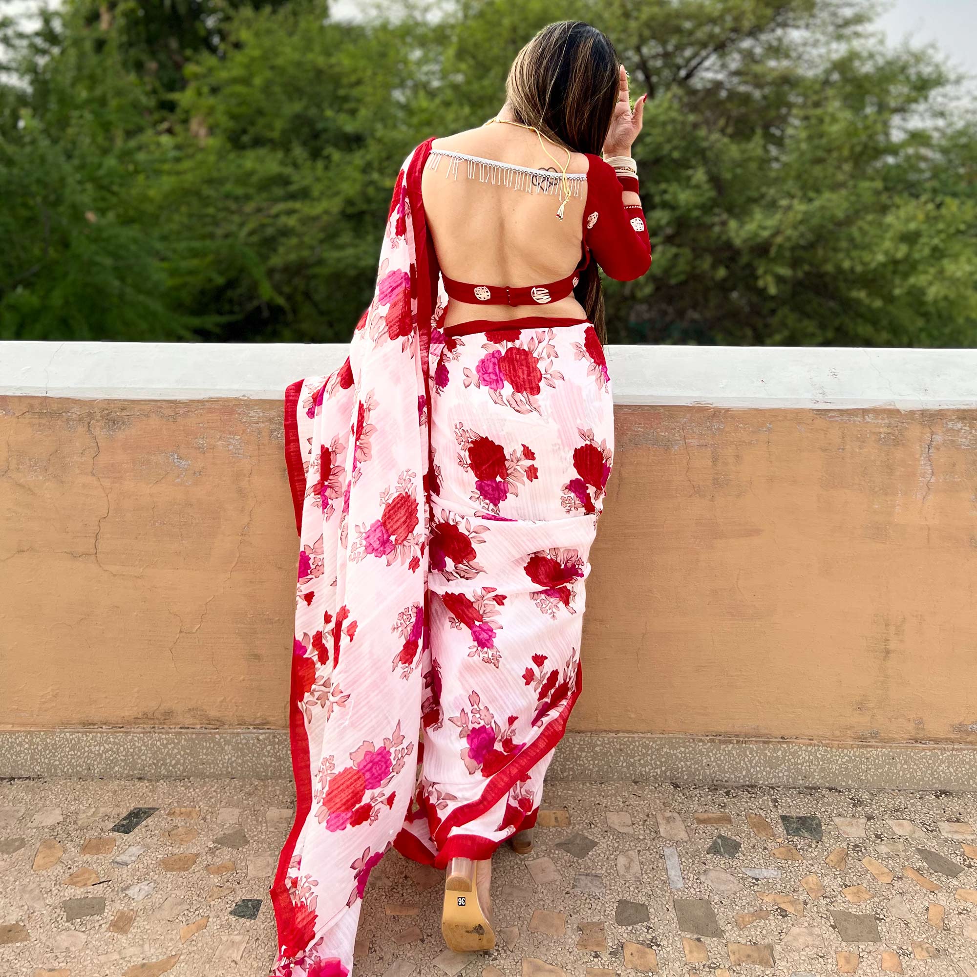 White & Red Digital Printed Cotton Silk Saree