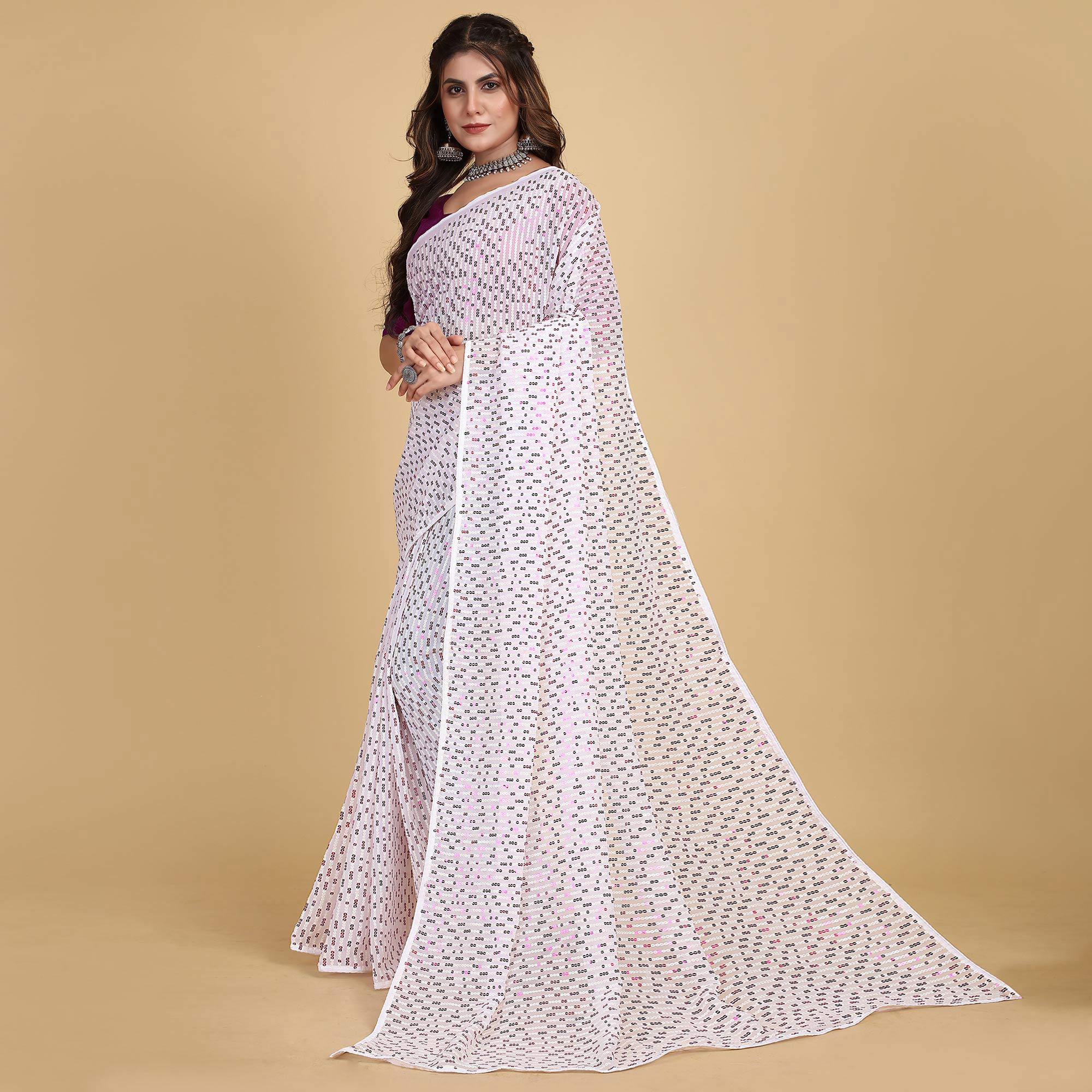 White & Wine Sequins Embroidered Georgette Saree