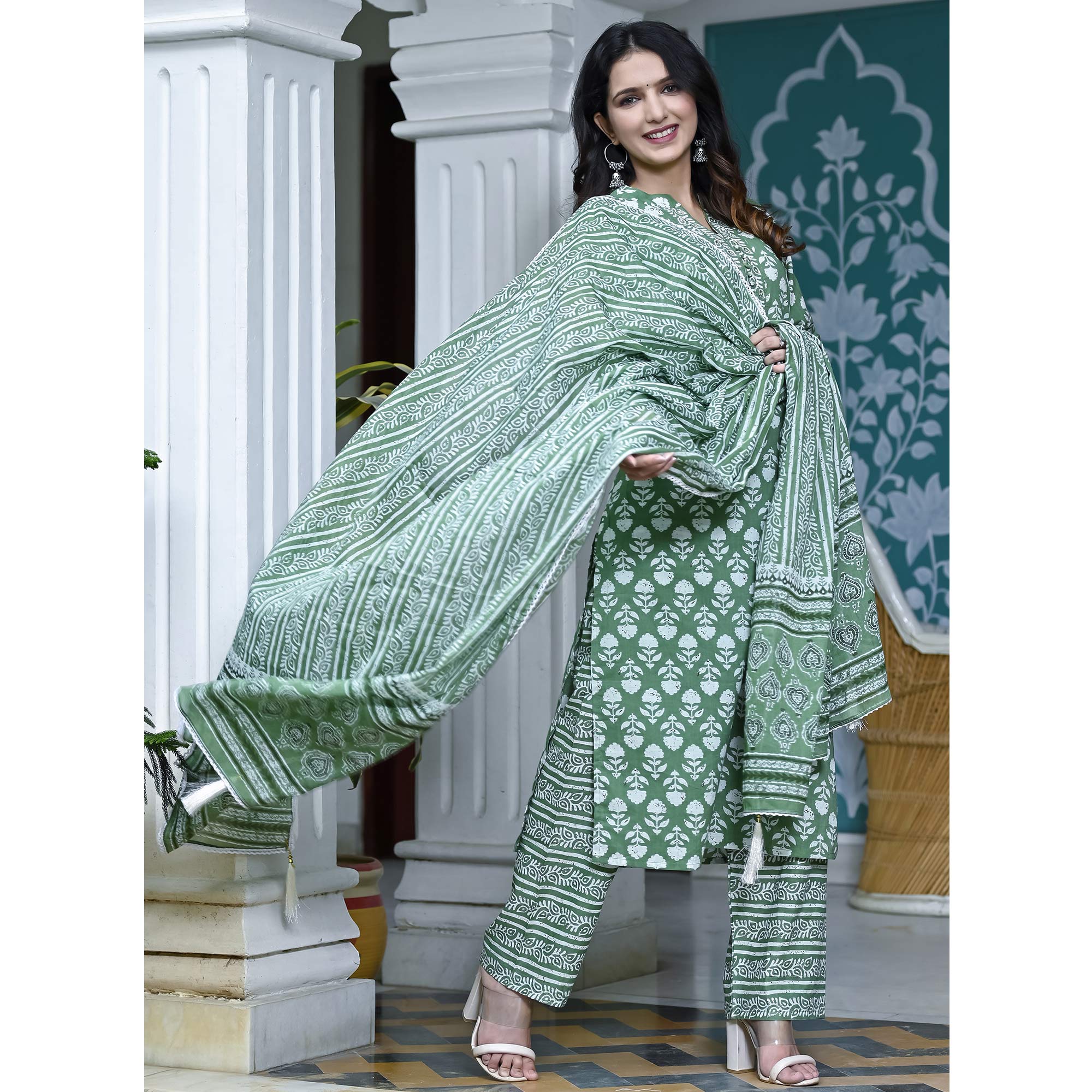 Green Floral Printed Pure Cotton Suit