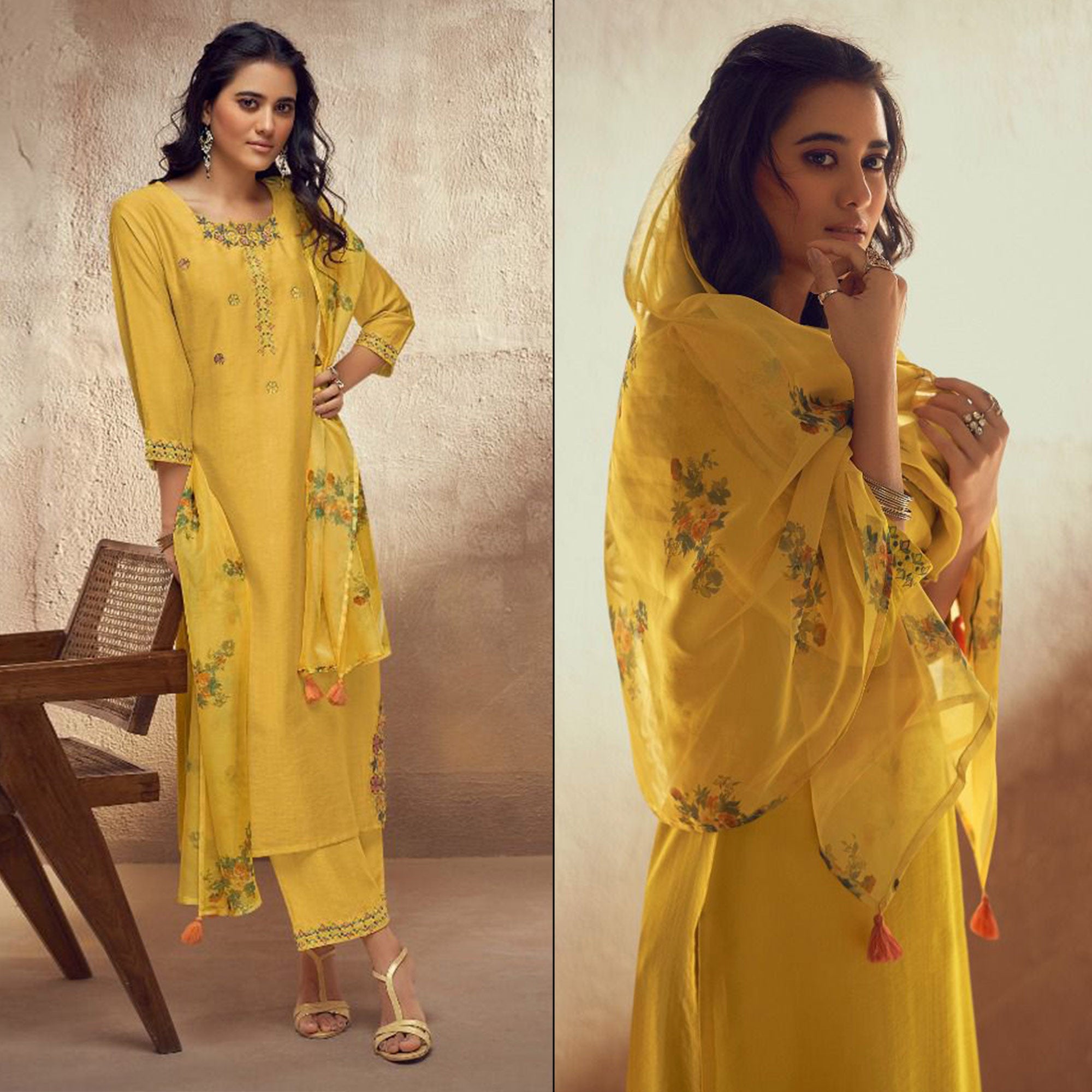 Yellow Floral Embroidered Viscose Suit