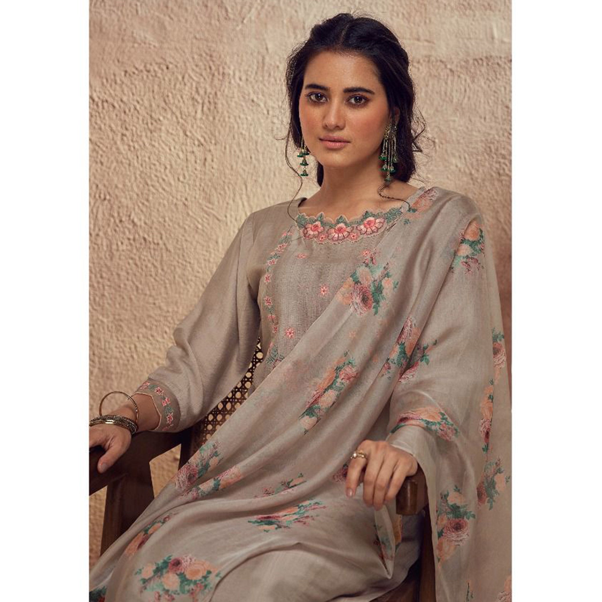 Brown Floral Embroidered Viscose Suit