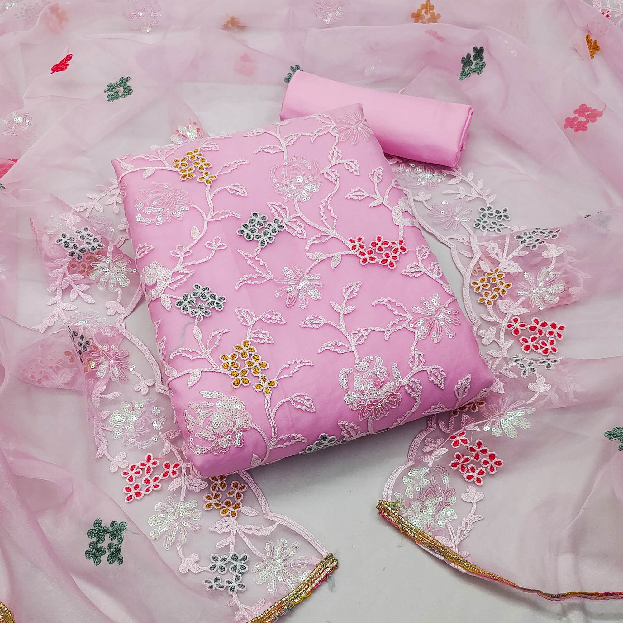Pink Sequins Embroidered Organza Dress Material