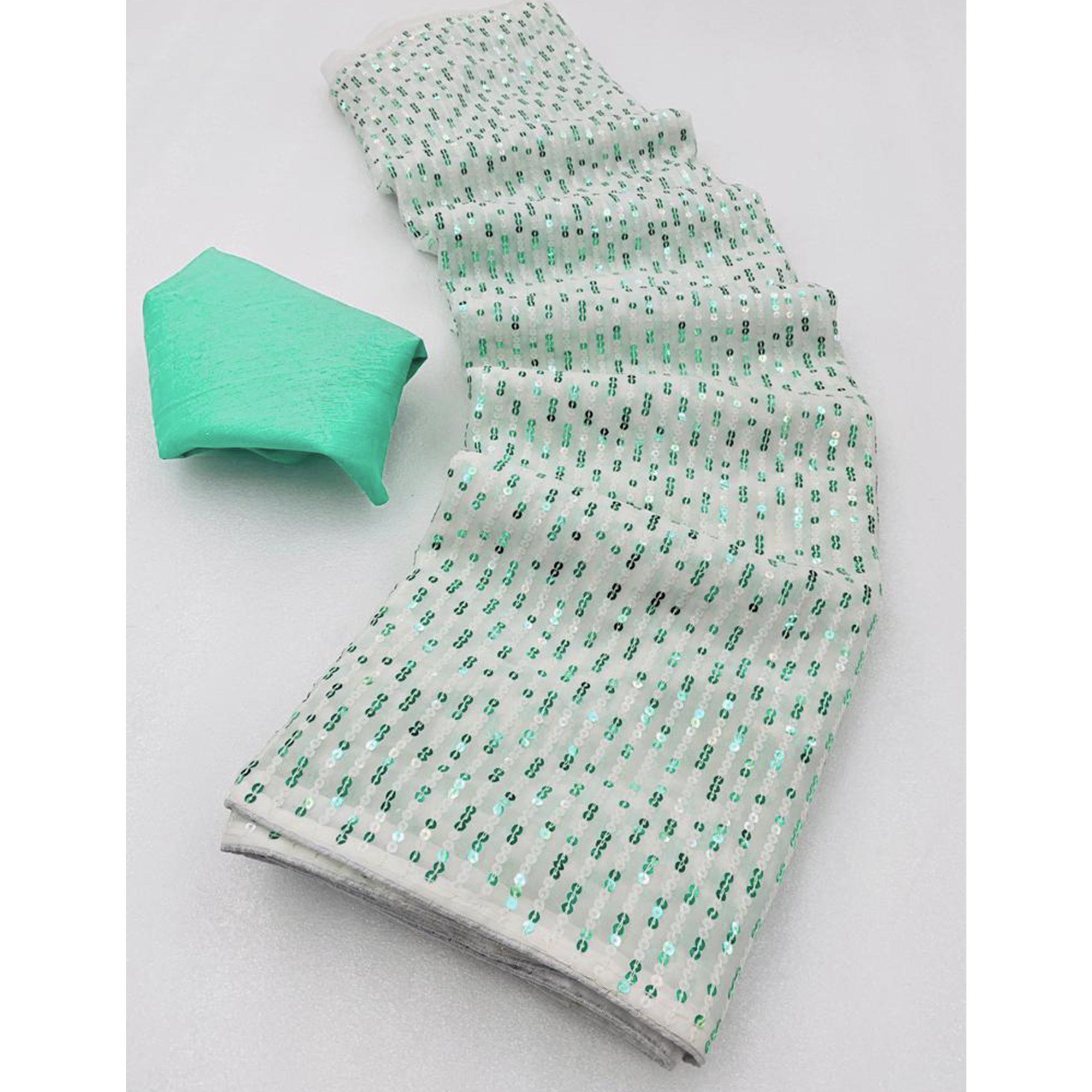 White & Sea Green Sequins Embroidered Georgette Saree