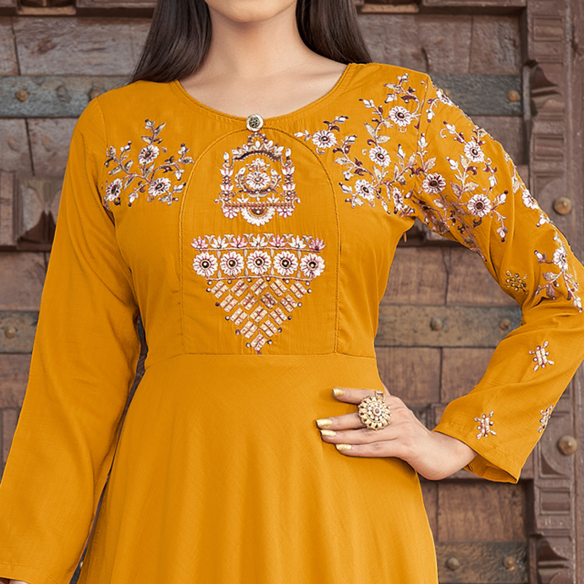 Mustard Floral Embroidered Muslin Gown - Image 5