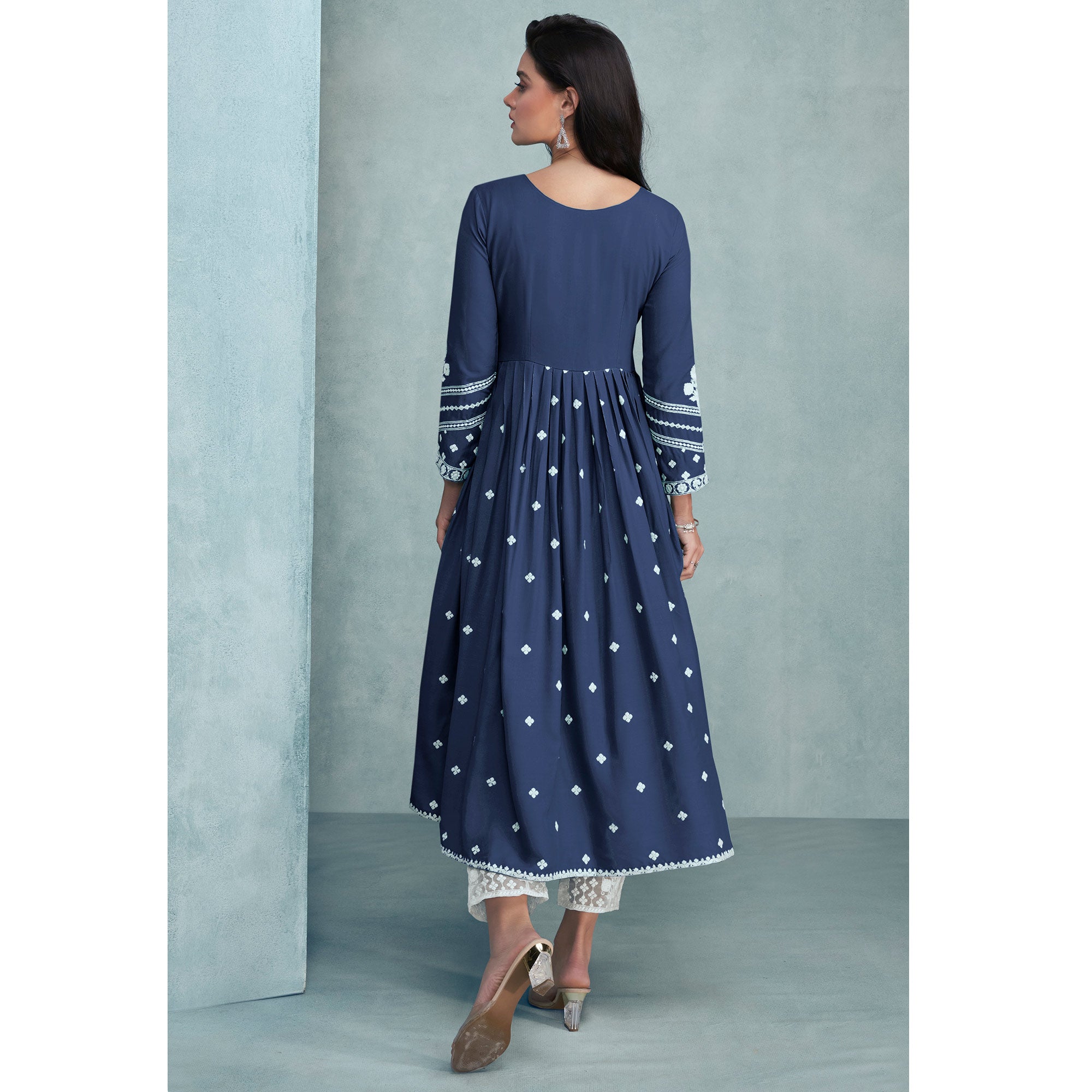 Blue Lucknowi Work Rayon Naira Cut Suit