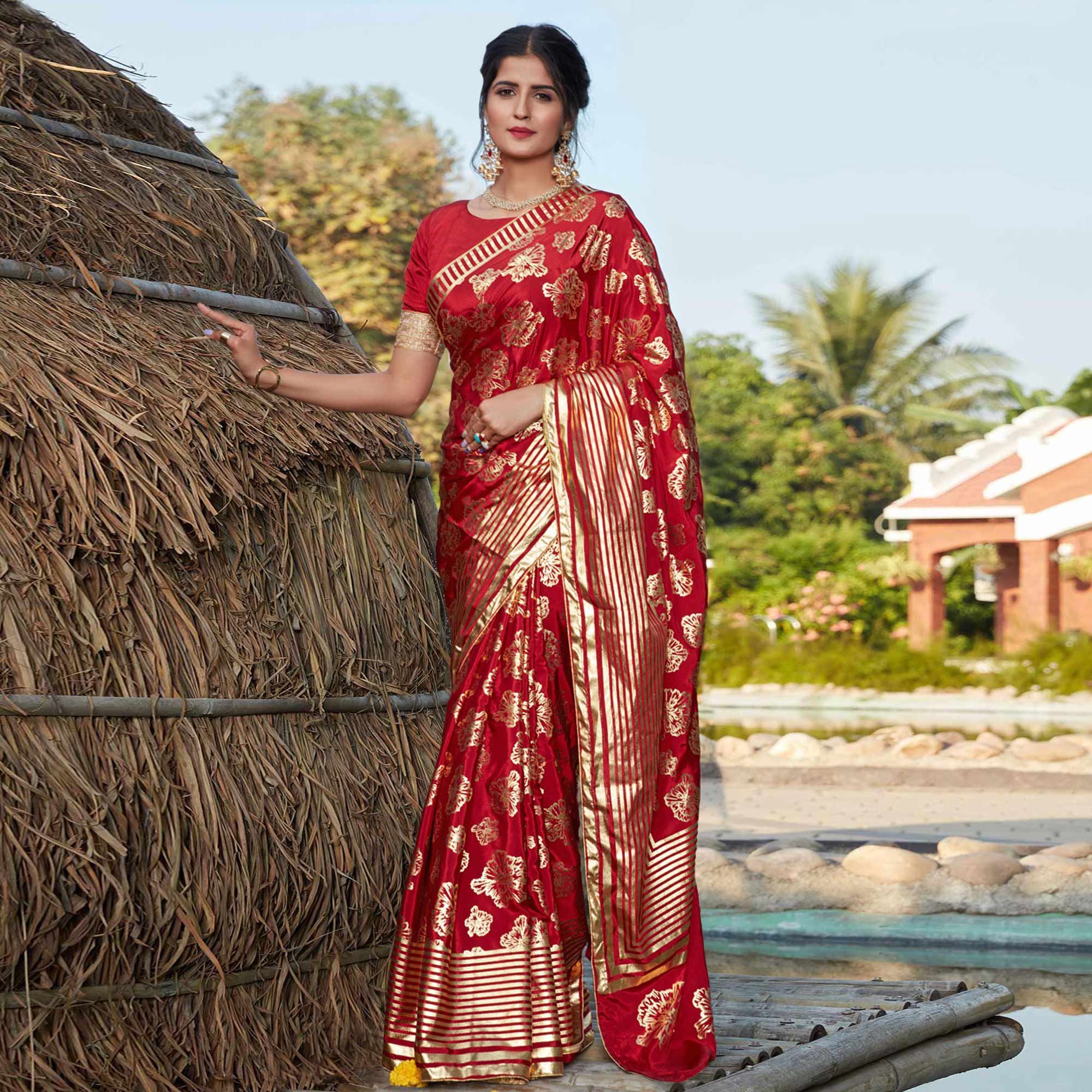 Red Foil Printed Art Silk Saree