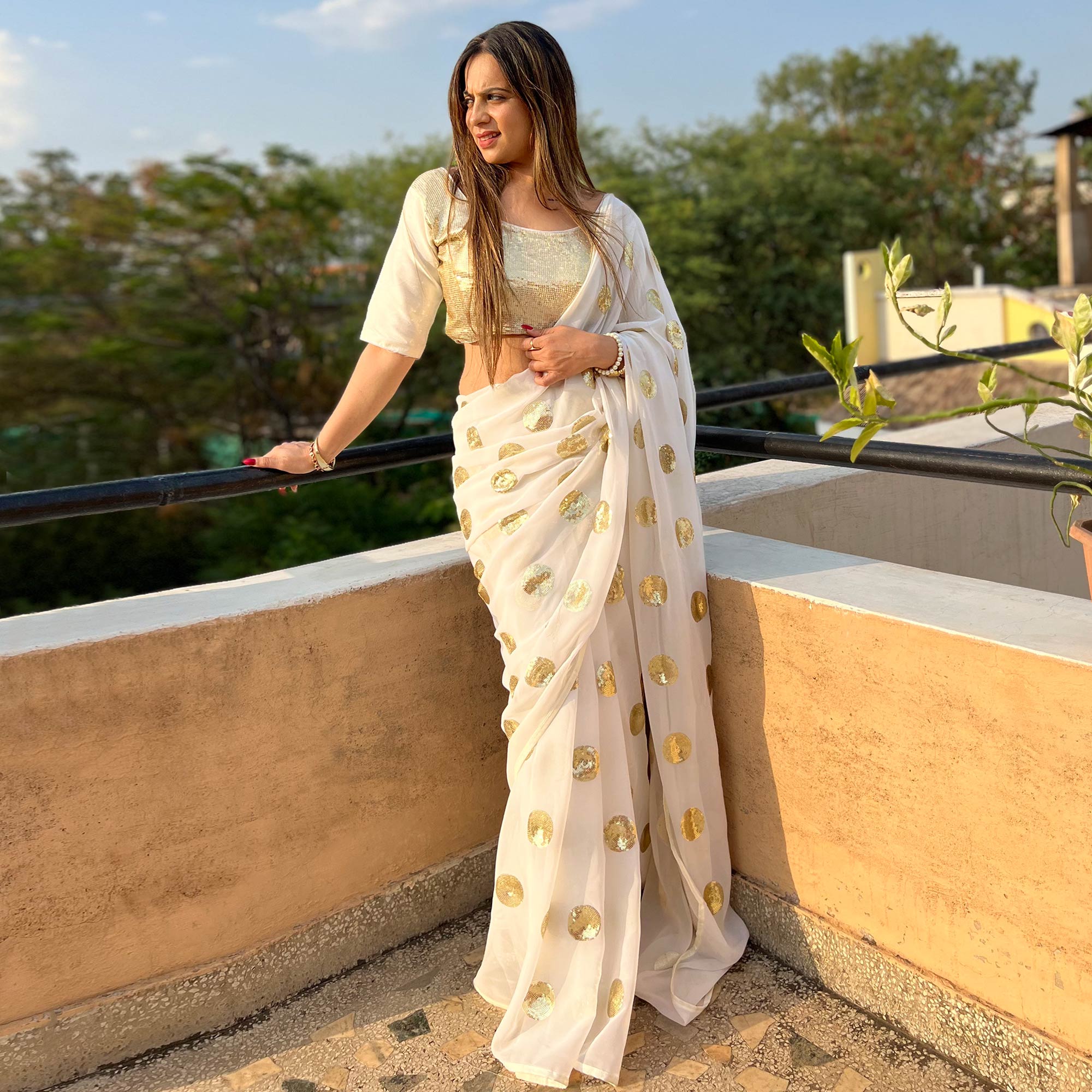 White Sequins Embroidered Georgette Saree