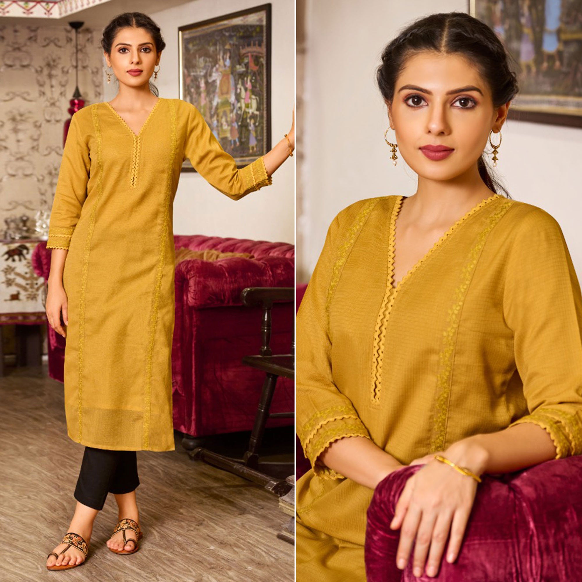 Mustard Embroidered Pure Cotton Kurti