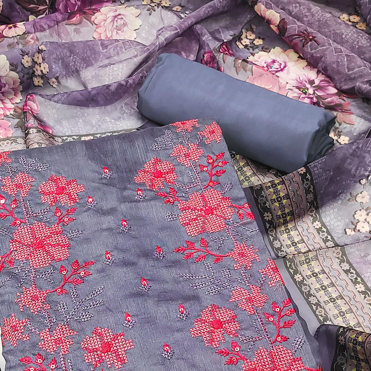 Purple Floral Sequins Embroidered Art Silk Dress Material