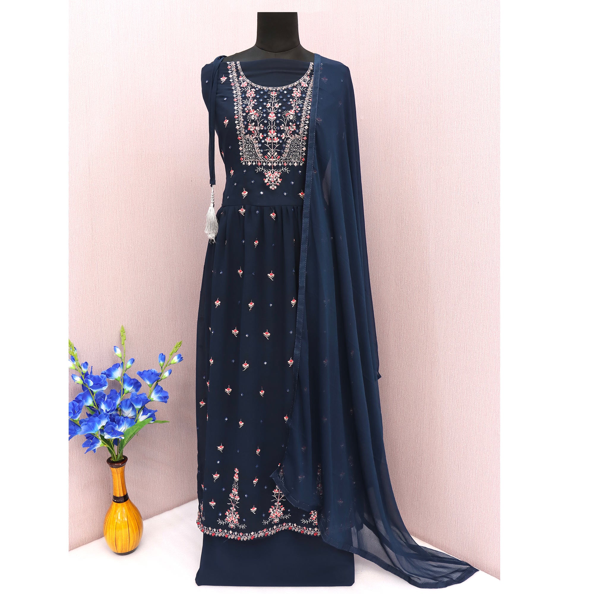 Blue Floral Embroidered Georgette Naira Cut Sharara Suit