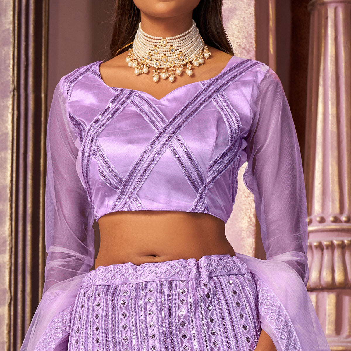 Violet Sequins Embroidered Netted Lehenga Choli - Image 3