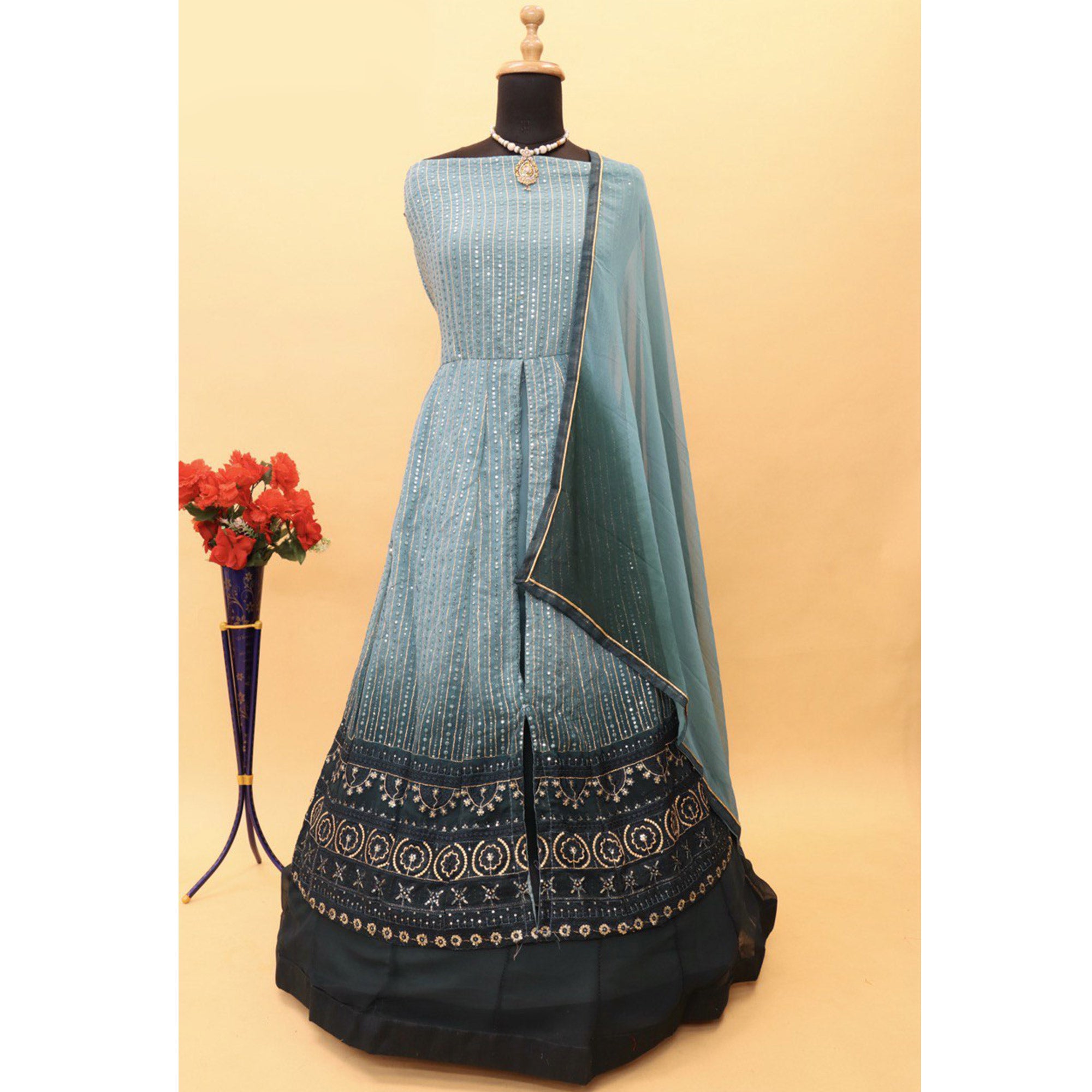 Sky Blue Sequins Embroidered Georgette Front Slit Suit