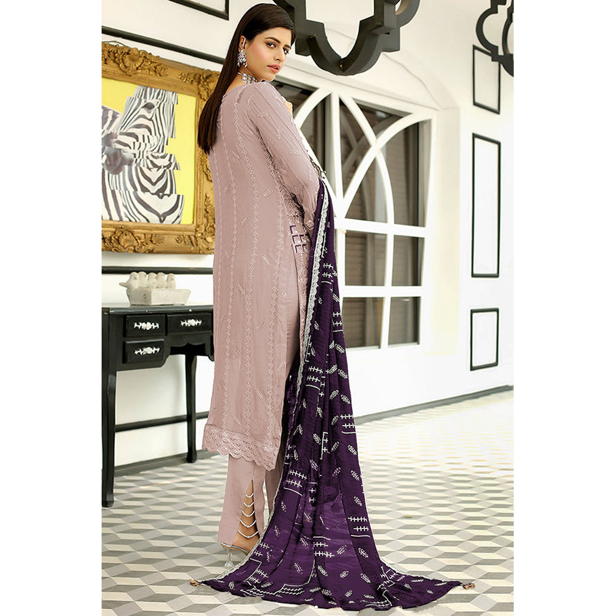 Mauve Floral Embroidered Georgette Pakistani Suit