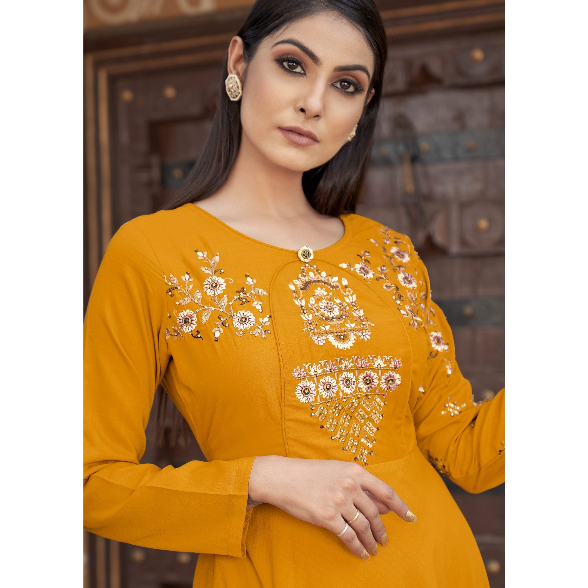 Mustard Floral Embroidered Muslin Gown - Image 3