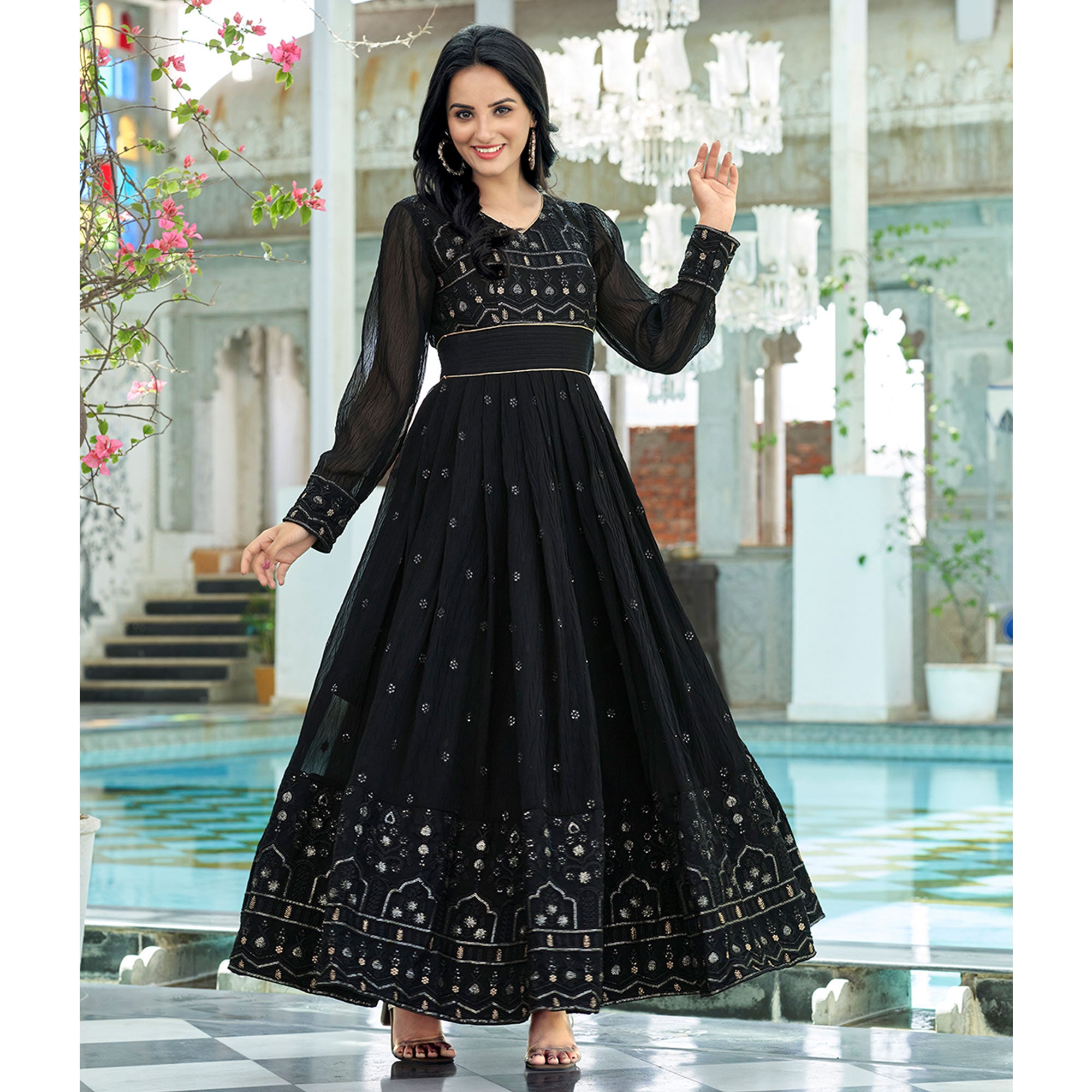 Black Sequins Embroidered Georgette Gown