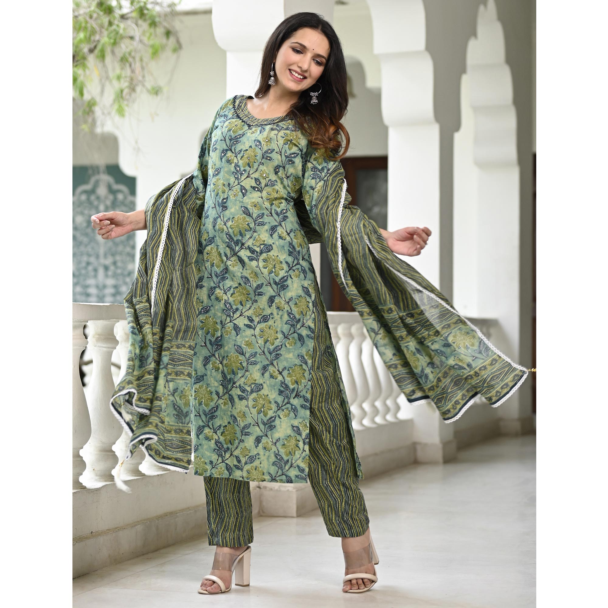 Green Floral Printed Pure Cotton Suit