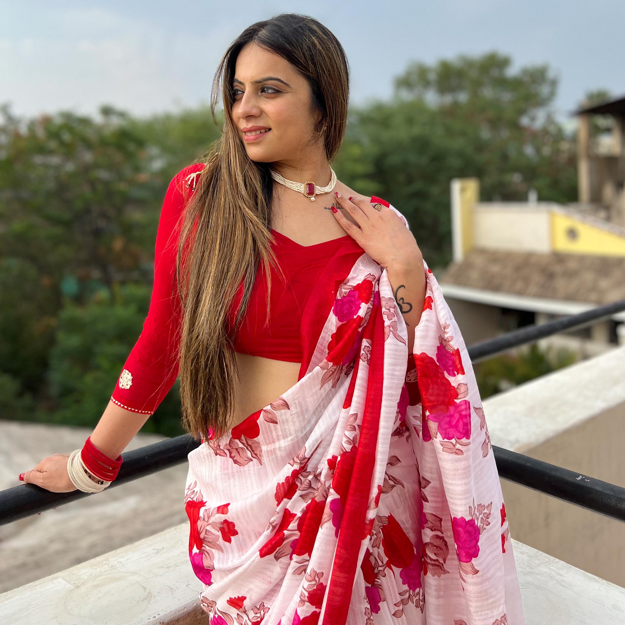 White & Red Digital Printed Cotton Silk Saree