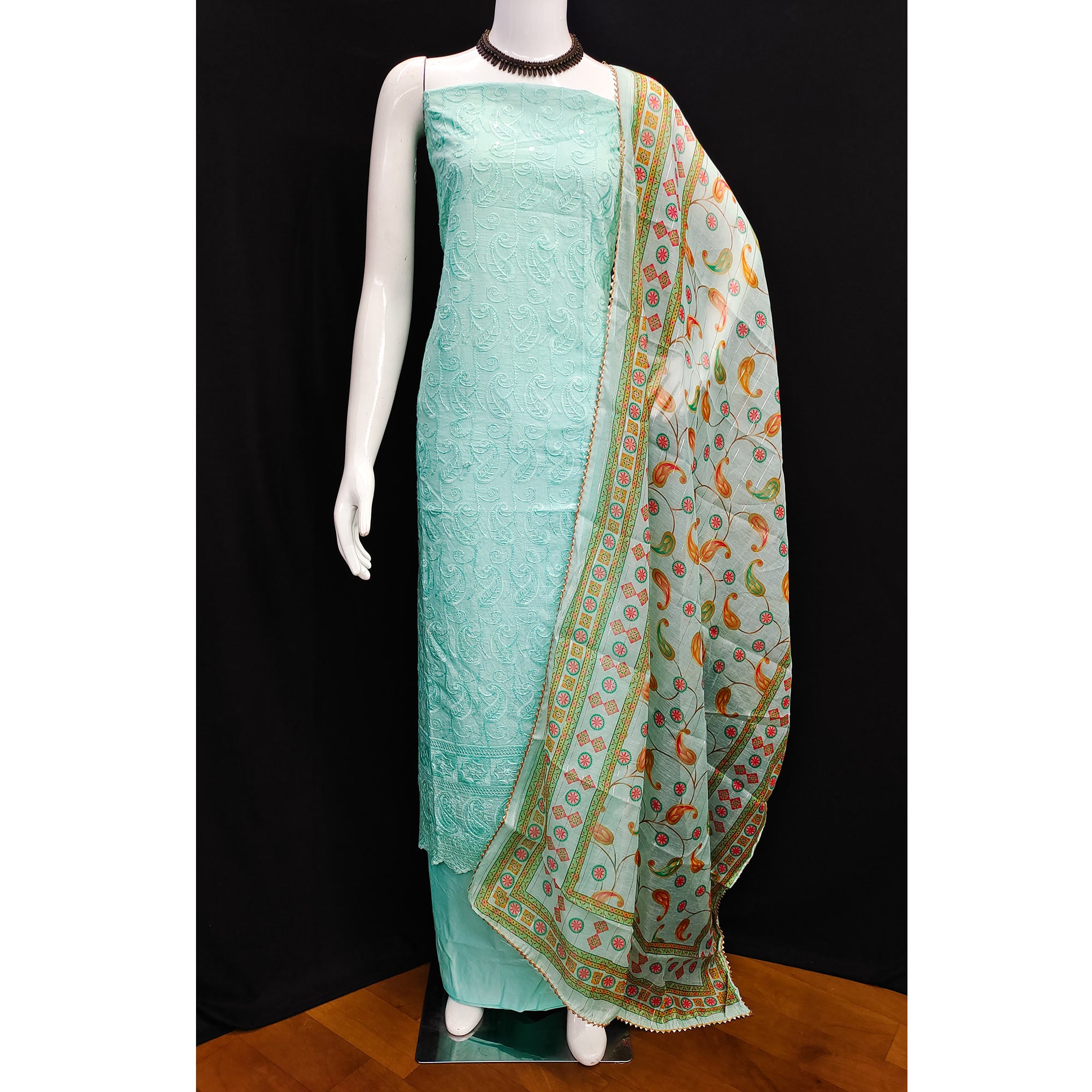 Blue Embroidered Cotton Blend Dress Material