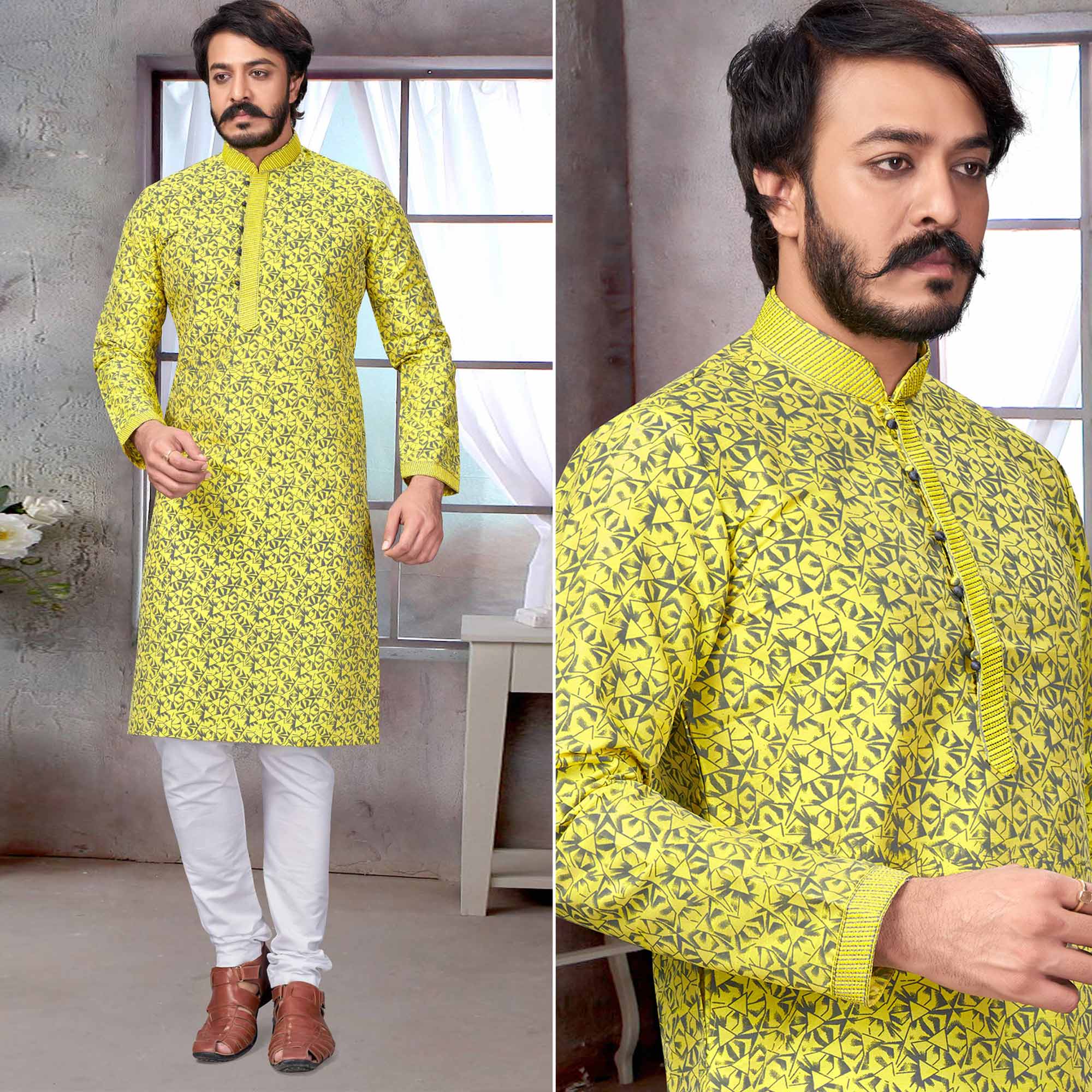 Yellow Printed Jacquard Kurta Pyjama Set - Image 1