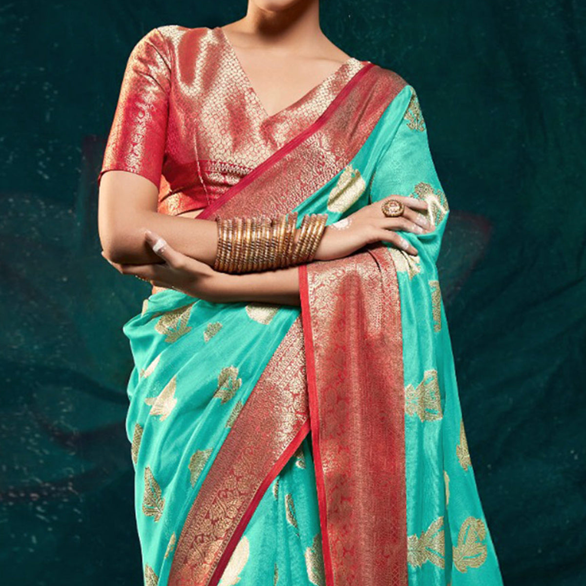 Rama Green Floral Woven Organza Saree