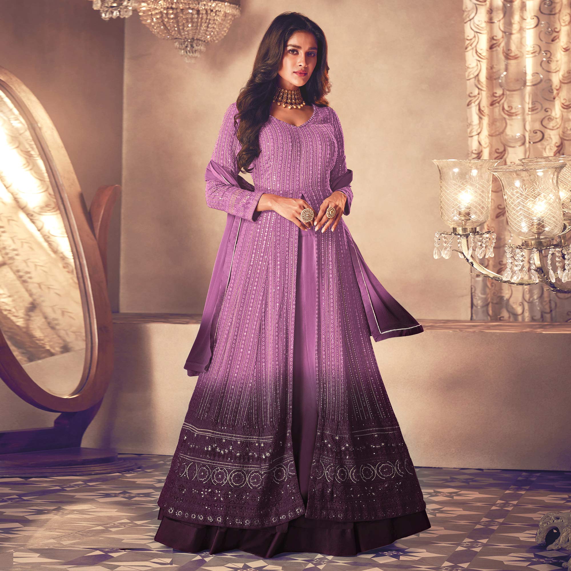 Purple Sequins Embroidered Georgette Front Slit Suit