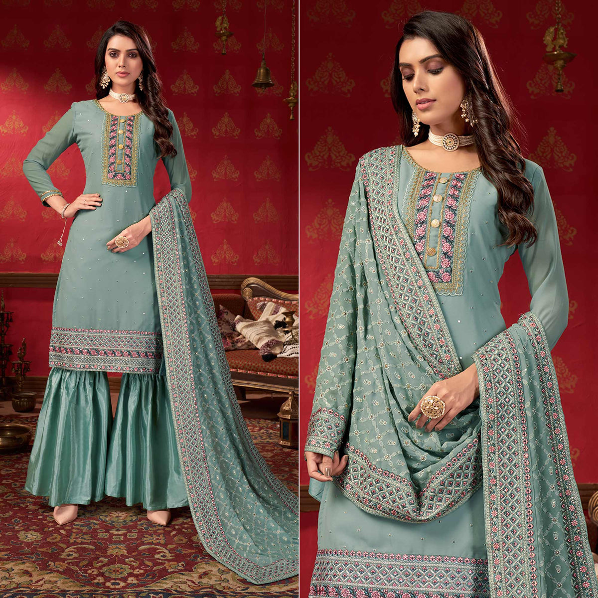 Grey Embroidered Georgette Sharara Suit - Image 1