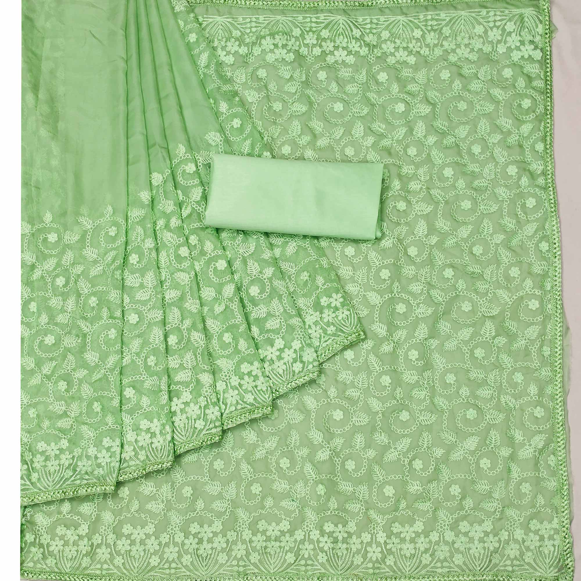 Pista Green Floral Embroidered Organza Saree