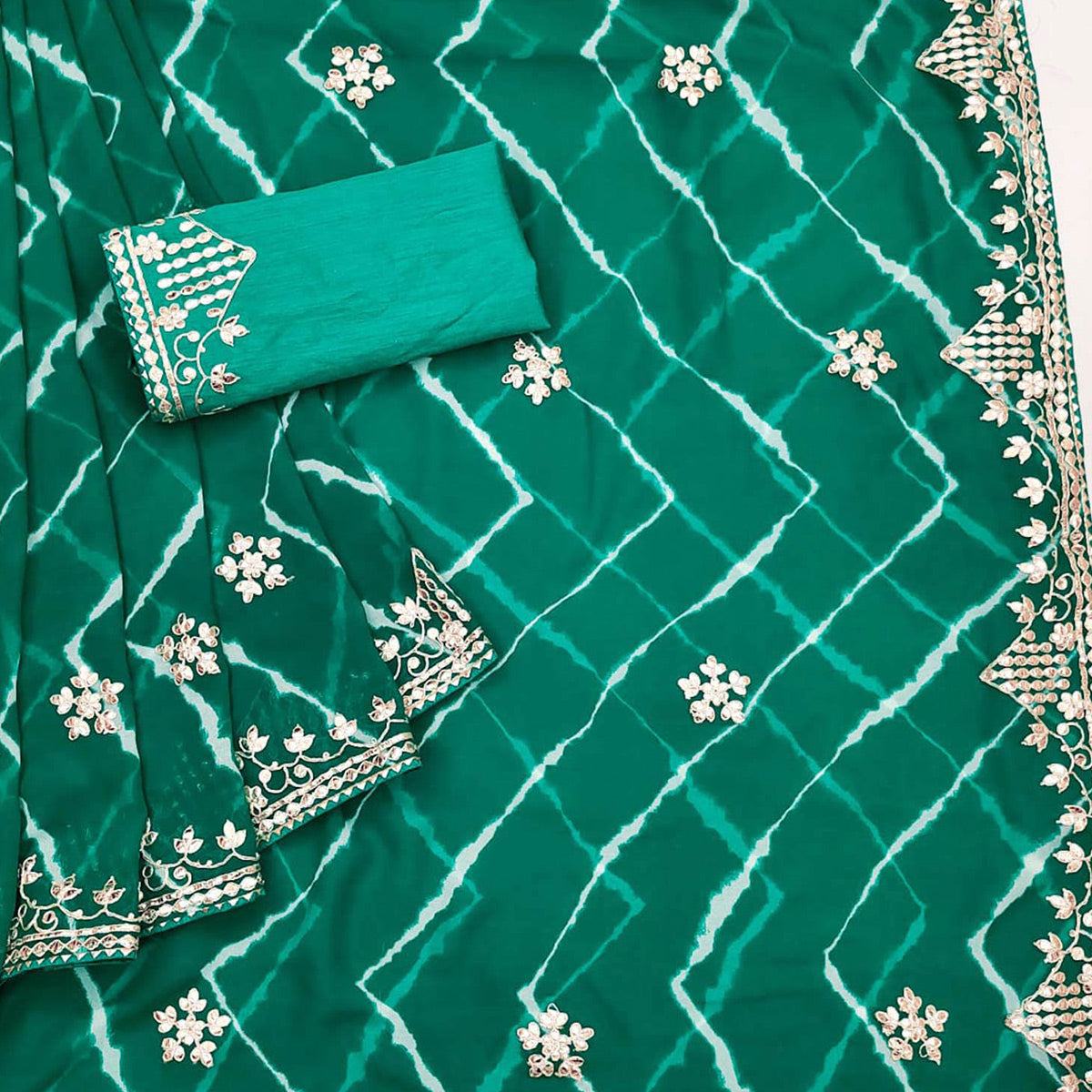 Green Printed With Gota Work Georgette Saree