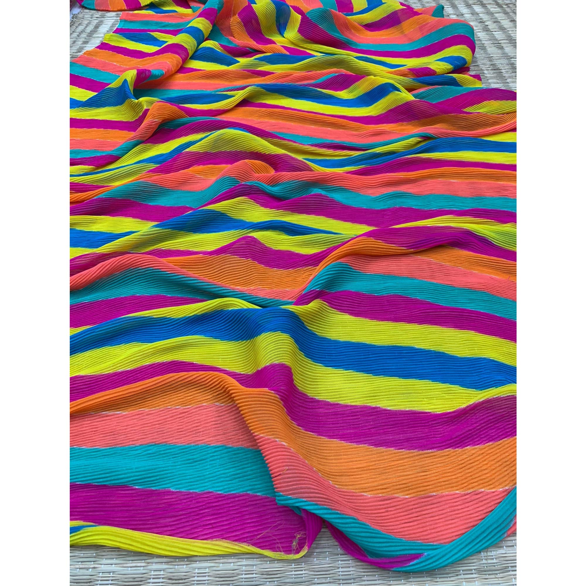 Multicolor Striped Printed Crush Georgette Saree