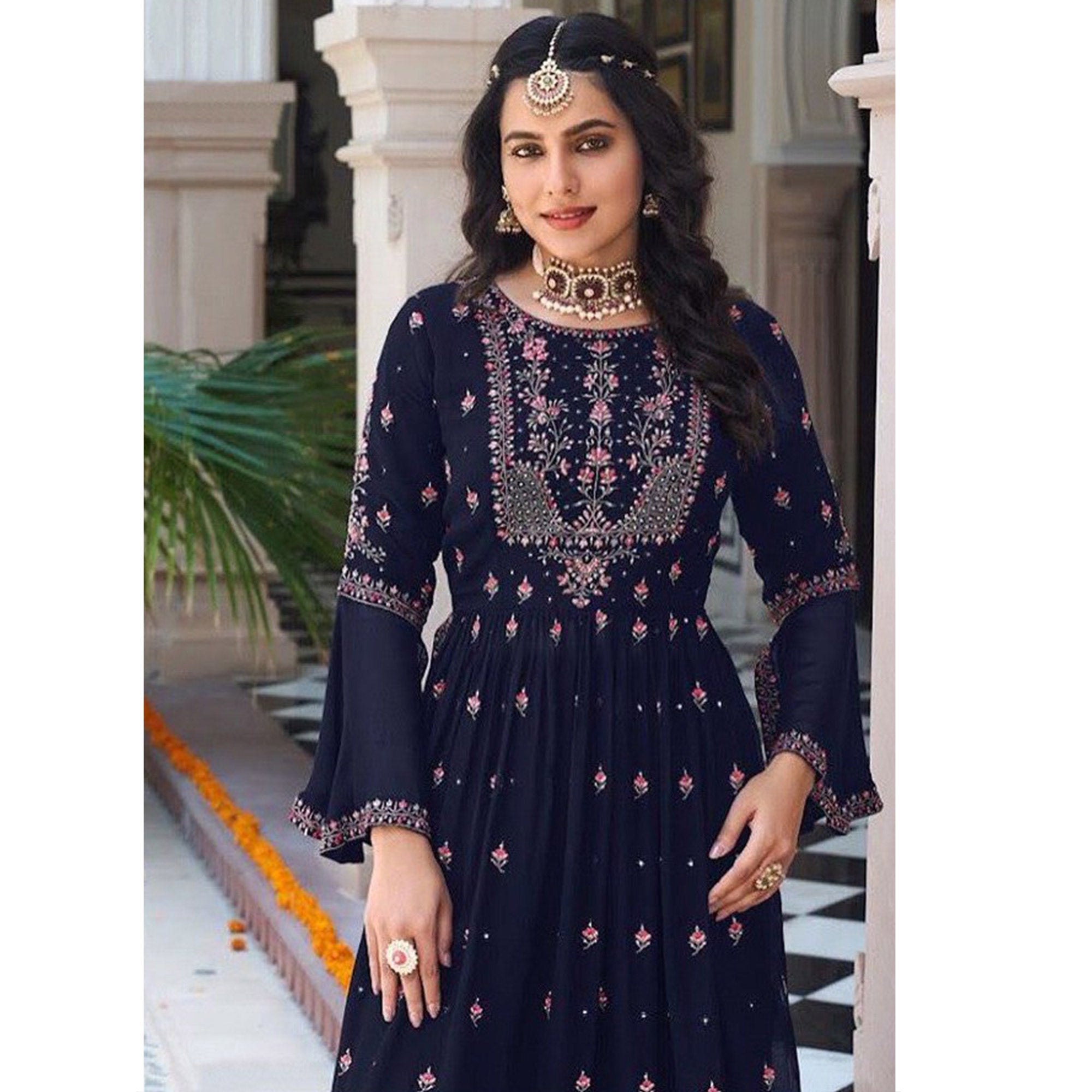 Blue Floral Embroidered Georgette Naira Cut Sharara Suit