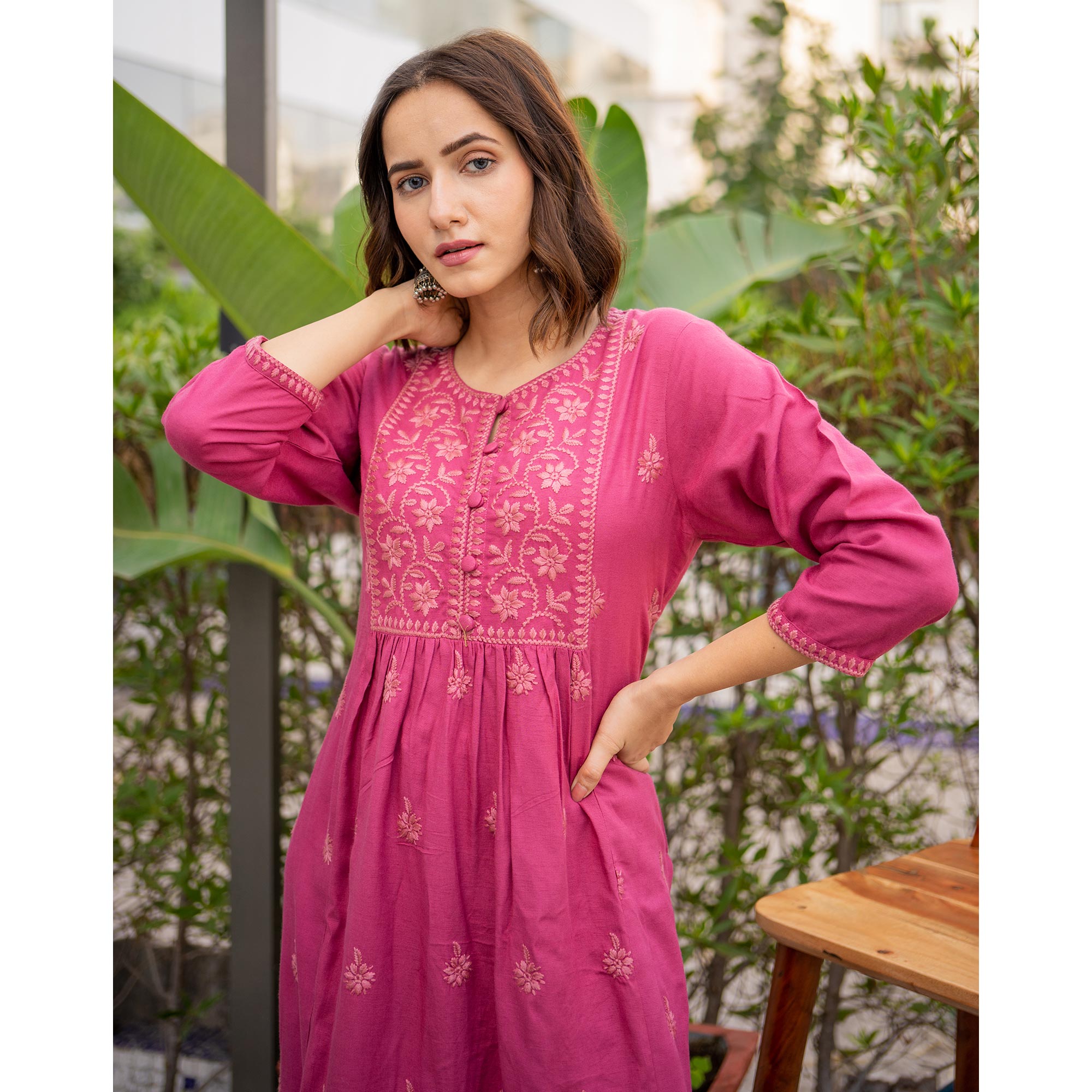 Pink Floral Embroidered Rayon Kurti