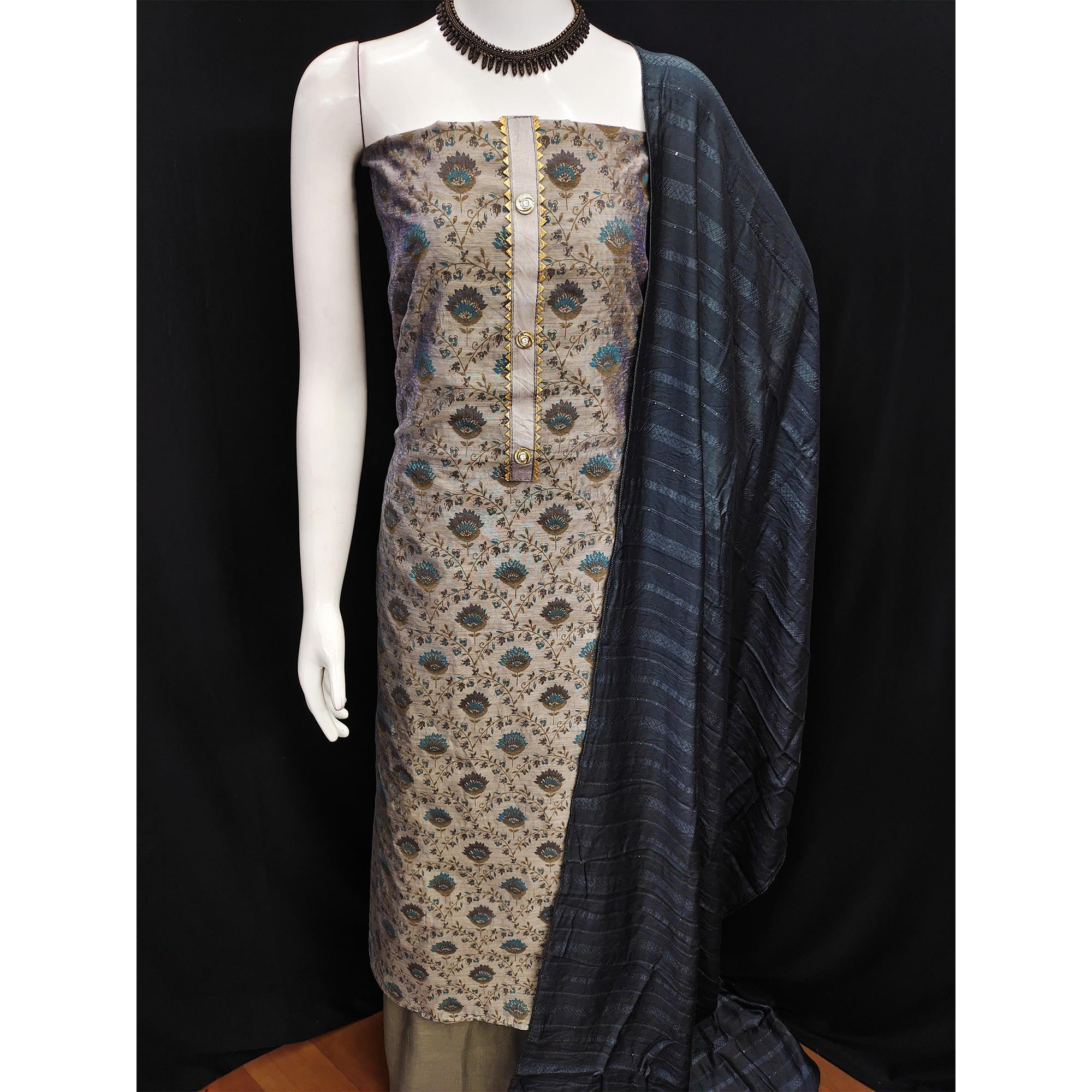 Grey Floral Printed Chanderi Dress Material