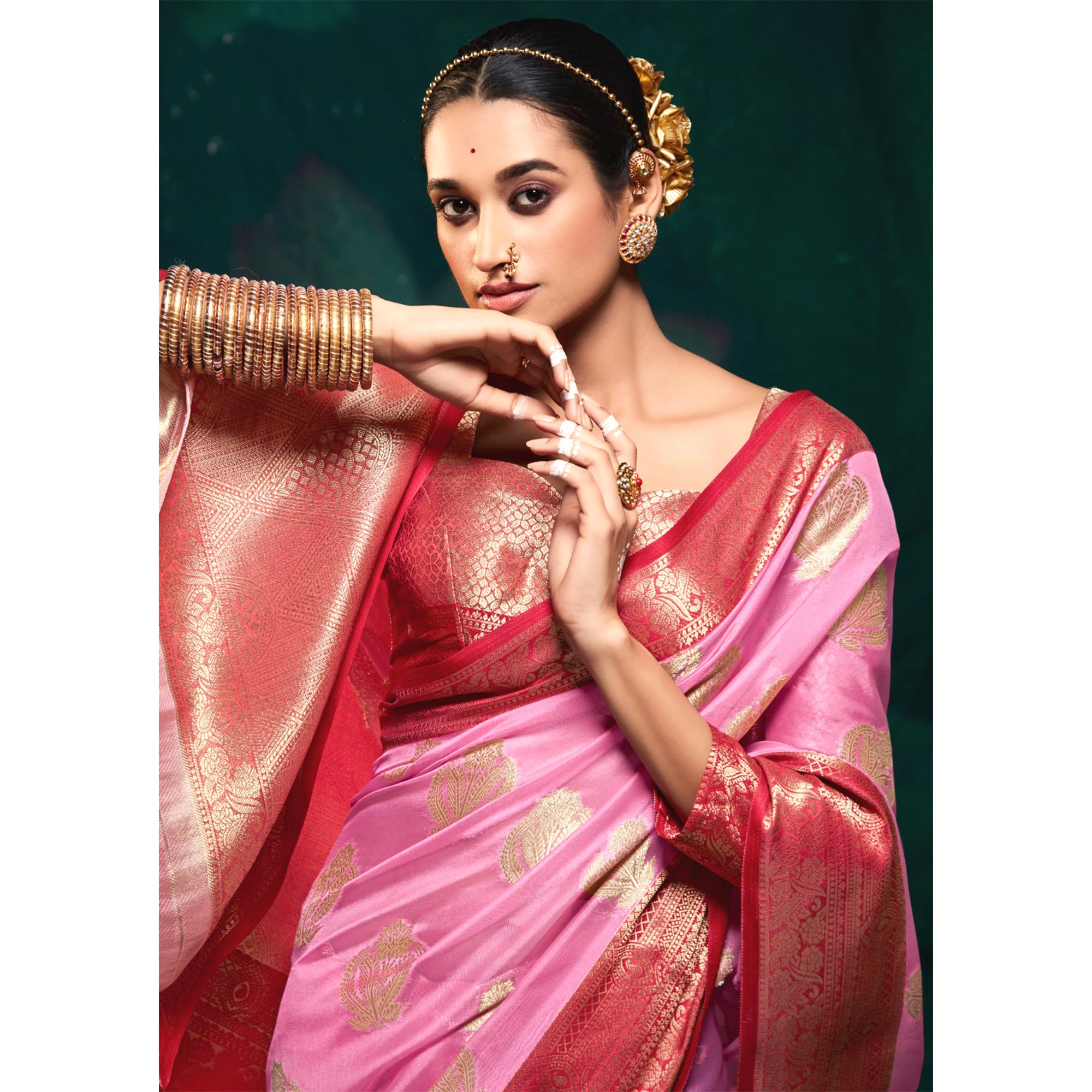 Pink Floral Woven Organza Saree