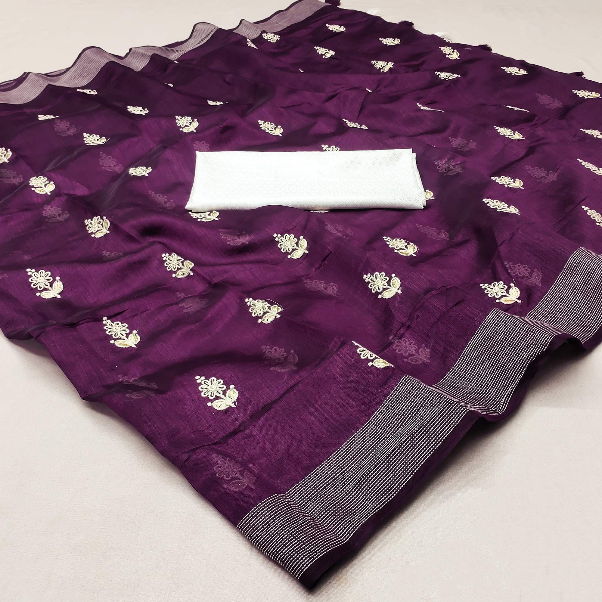 Purple Floral Embroidered Cotton Blend Saree