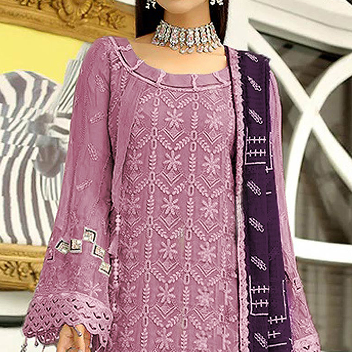 Purple Floral Embroidered Georgette Pakistani Suit