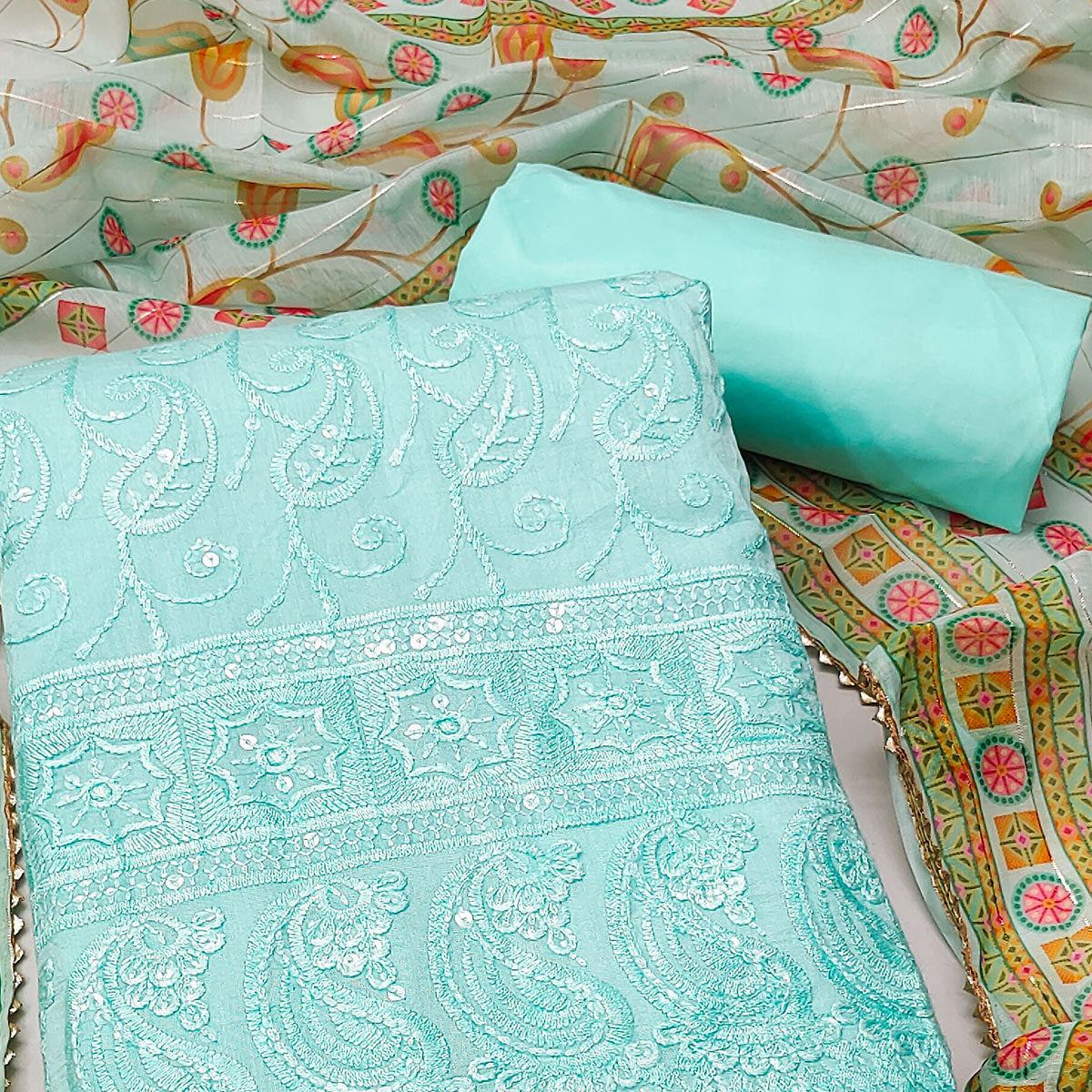 Blue Embroidered Cotton Blend Dress Material