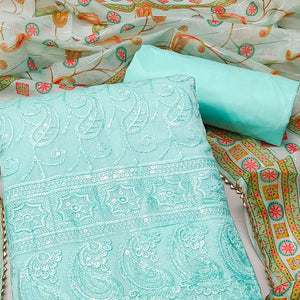 Blue Embroidered Cotton Blend Dress Material