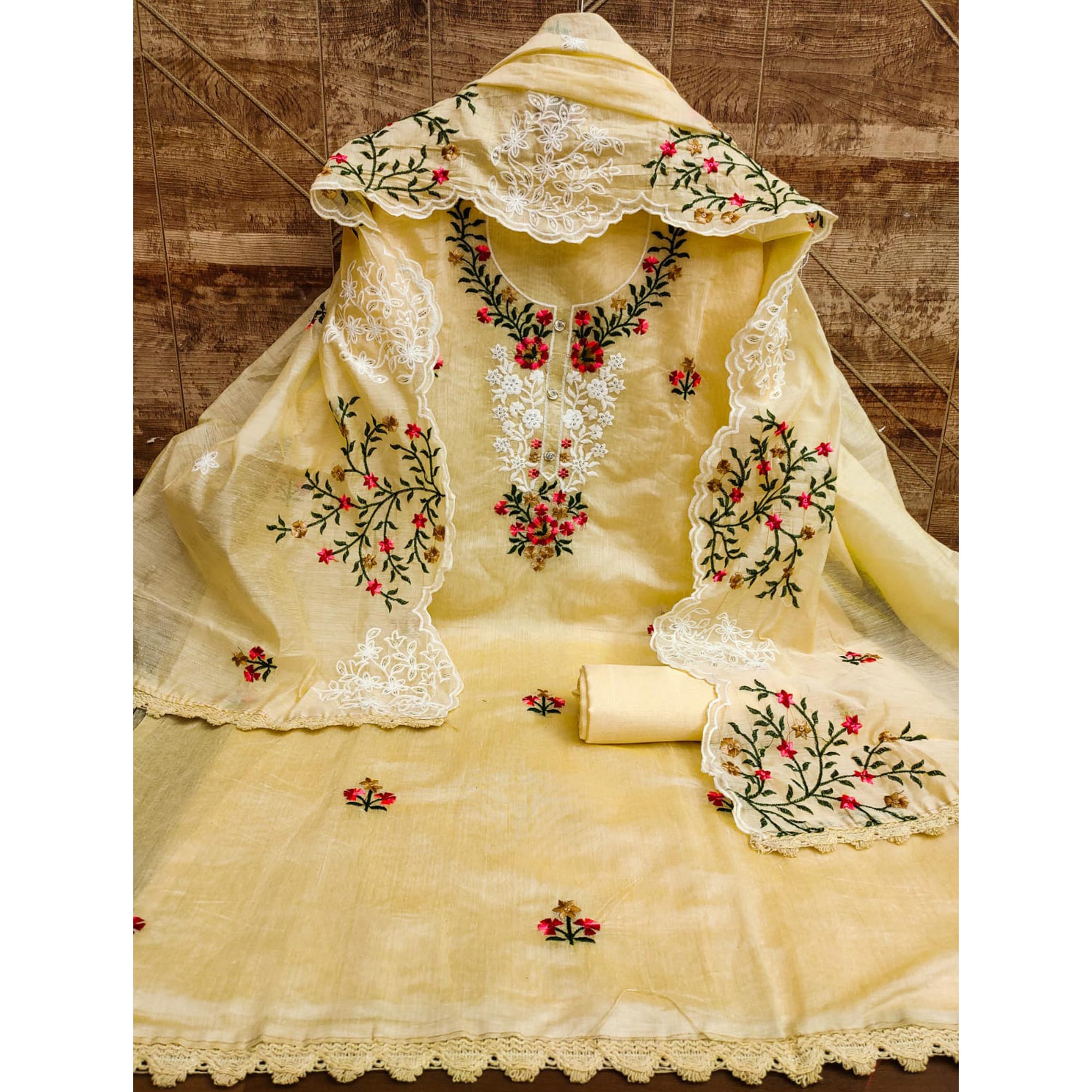 Yellow Floral Embroidered Chanderi Dress Material