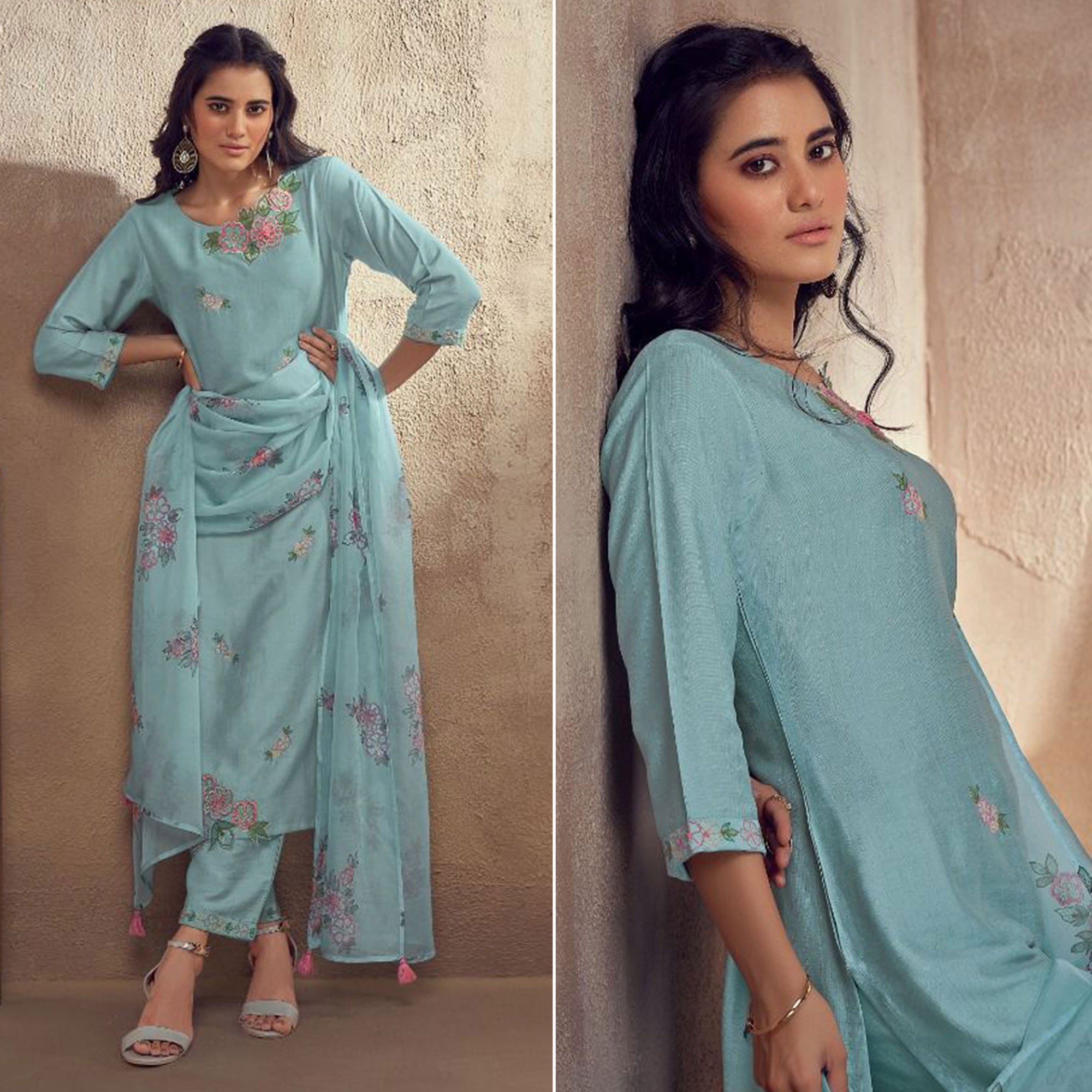 Blue Floral Embroidered Viscose Suit